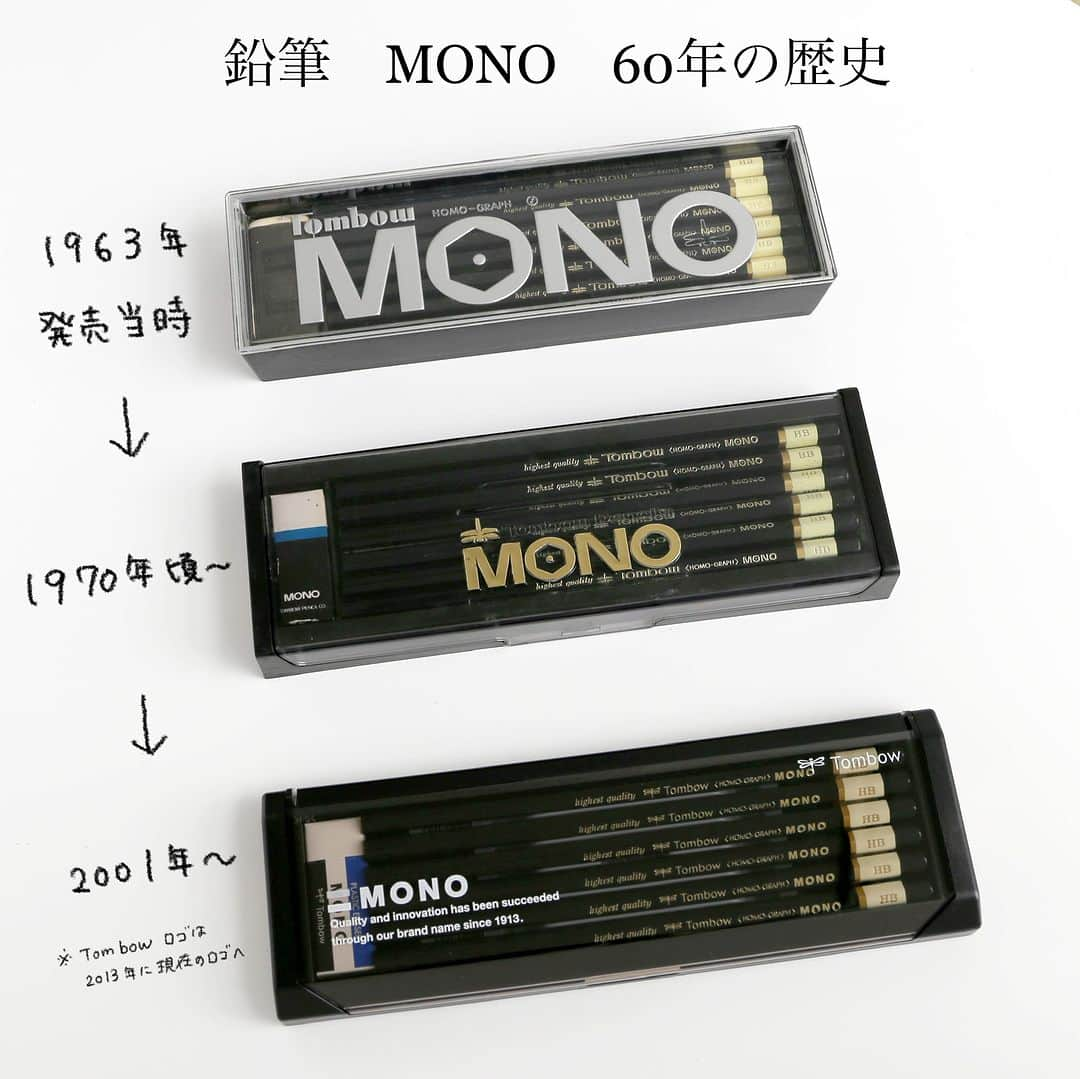 トンボ鉛筆さんのインスタグラム写真 - (トンボ鉛筆Instagram)「#ロングセラー商品のデザイン進化 鉛筆「MONO」  1963年に発売した鉛筆「MONO」は今年で発売から60周年！ 「MONO」といえば、消しゴムを思い浮かべる方が多いかと思いますが、MONOブランドはこの「MONO」鉛筆が始まりです👀  60年を振り返り発売当時のデザインから現在に至るまでのデザインを並べてみました！  「MONO（モノ）」ブランドの誕生は1963年 トンボ鉛筆が開発した超微粒子芯の高級鉛筆の先駆けで、「唯一の、無類の」という意味を持つギリシャ語の「MONOS」に由来して「MONO」と名付けられました。  その名は、1949年から開始した芯改良プロジェクトにより生まれた、「1ミリ立方に80億個の粒子を持つ」革新的な芯を特徴付けるものでした。 初期の頃は“MONO”のロゴの中に六角形の鉛筆断面が記されています。  1970年頃から、鉛筆のオマケとして付けていた消しゴムはプラスチック消しゴムになり、ケースのデザインもリニューアルされています。  その後、2001年に現在と同じケースになりました。 ケースの形は時代に合わせ変わっていますが、黒軸の鉛筆本体のデザインは60年間ほとんど変わっていません😮  ロングセラー商品のMONO、これからもご愛用いただけますようお願いいたします☺️  #トンボ鉛筆 #文房具 #文具好き #文房具好き #文房具好きな人と繋がりたい #stationery #stationerylove #stationerylover #tombowpencil #stationerydesign #stationeryaddict #ぶんぼうぐ #文房具好き #文具好きさんと繋がりたい #筆箱の中身 #MONO #モノ #鉛筆 #勉強 #勉強垢 #ロングセラー #ロングライフデザイン #ロングセラー商品」6月9日 16時25分 - tombowpencil