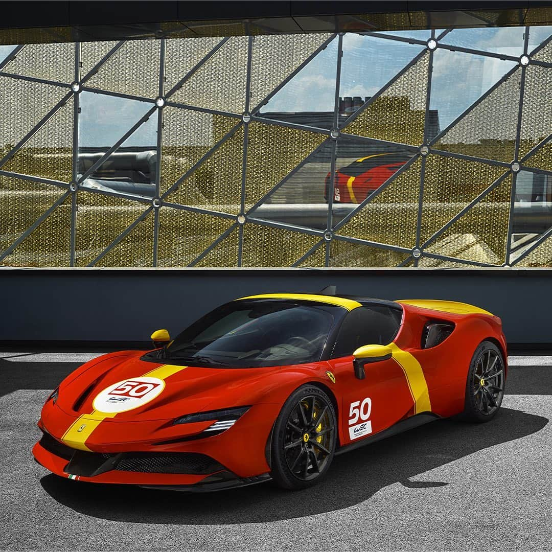 フェラーリさんのインスタグラム写真 - (フェラーリInstagram)「The design team realised this exclusive new livery, to mark the return to the top class at Le Mans with a factory-backed model for the first time in 50 years, which is available to a select number of clients. It’s composed of a Rosso Le Mans glossy finish and Giallo Modena stripes and details, a dedication plaque, the Italian flag colours painted on the bumper and steering wheel, as well as the hand-painted #WEC - World Endurance Championship logo on the doors and front bonnet and each livery will sport the racing number 50 in the front roundel and on the doors.  The classic colour palette and racing details reflect those of the #Ferrari499P that will debut at the #LeMans24 this weekend.  #FerrariSF90Stradale #AssettoFiorano #Ferrari」6月10日 4時00分 - ferrari