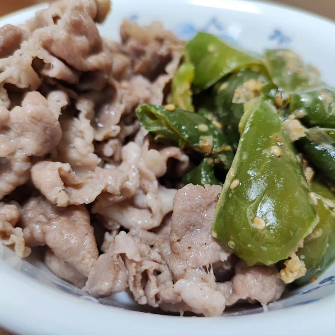 烏川耕一のインスタグラム：「今日のあて🍴 南光師匠のきょうの料理見て、早速作りました！ バリうま👍 そして最近ハマった焼豚はレンジで！リピート😍 そしてチャプチェ‼️ KALDI三昧😍 #烏川耕一　#よしもと新喜劇　#ひょっとこ #今日のあて　#豚肉の酒いり　#ピーマンの味噌煮　#きょうの料理　#チャプチェ　#焼豚はレンジで　#キムチ」