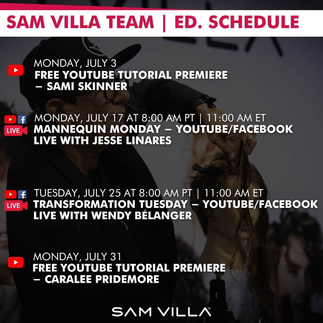 Sam Villaさんのインスタグラム写真 - (Sam VillaInstagram)「Building out your summer schedule? #SamVillaEducation has you covered. ✂️ We offer digital and in-person opportunities because we believe education is key 🔑 when it comes to the longevity of your career as a hairstylist. Whether you are taking trend-focused classes, focusing on foundational elements, or learning new ways to be better for yourself and your business in the work that you do #behindthechair, there is always something to be learned! ⁠ ⁠ Scroll through the schedule to see what's in store all summer long! ⁠ ⁠ Education with Sam Villa or a member of the Sam Villa ArTeam is available at YOUR salon through our Thrive-On In-Salon Education Program. To inquire about booking for your stylists, visit the link in bio! 🔗⁠ ⁠ #SamVilla⁠ #SamVillaCommunity⁠」6月9日 20時50分 - samvillahair
