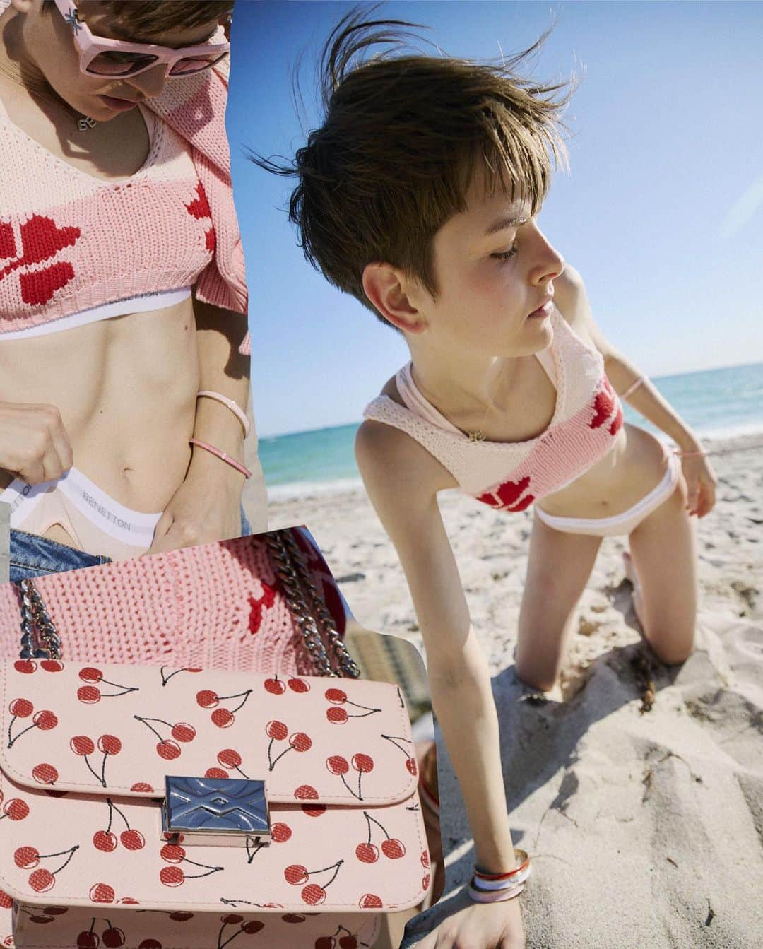 ベネトンのインスタグラム：「Giving to Miami’s beaches new styles and flavors: miles and miles of golden sand are now spotted with flowers, cherries, and the Benetton colors.  Shop the SS23 collection by @andreaincontri online and in store.  #Benetton」