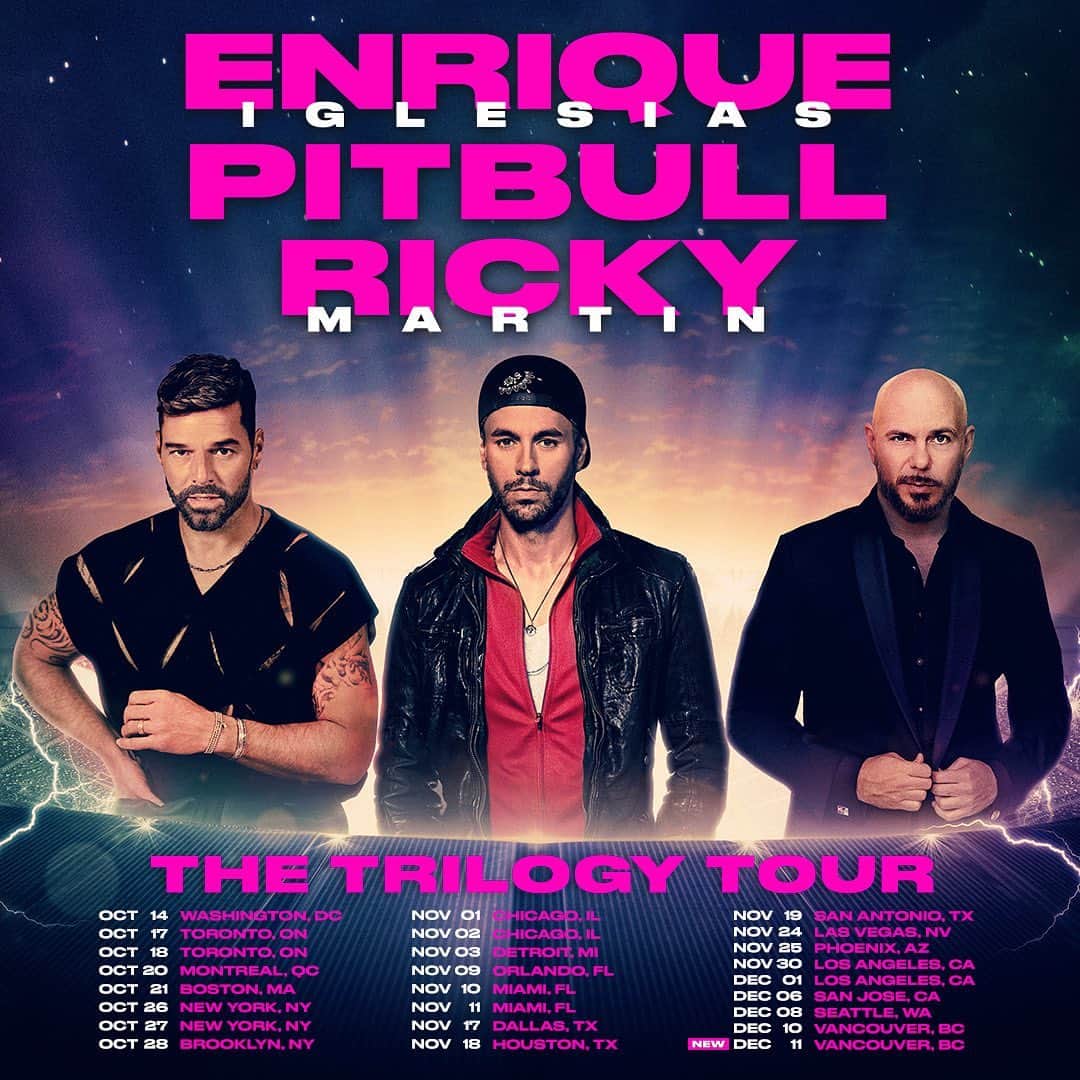 ピットブルのインスタグラム：「All tickets are on sale NOW for #TheTrilogyTour. Excited to make history this Fall with @enriqueiglesias and @ricky_martin」