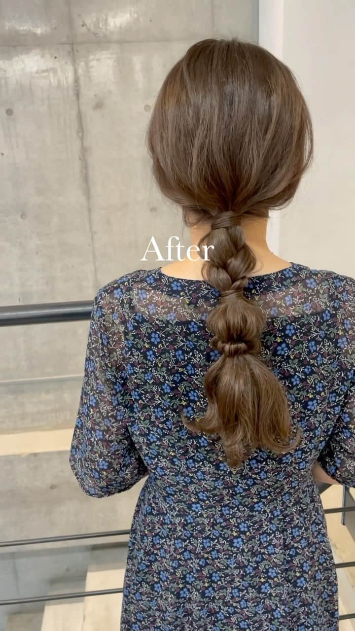 のインスタグラム：「お客様 Before After ✨  color 結婚式を控えているので、 ツヤと透明感が出るシアンベージュカラーにしました✨  hair arrange 今日は一日ゆっくりするので 簡単な編み下ろしにしました💫  #ヘアアレンジ　#カット　#ヘアカラーベージュ  #ミントカラー  #レイヤーカットロング  #おくれ毛　#編み下ろし  #ヘアアクセサリー」