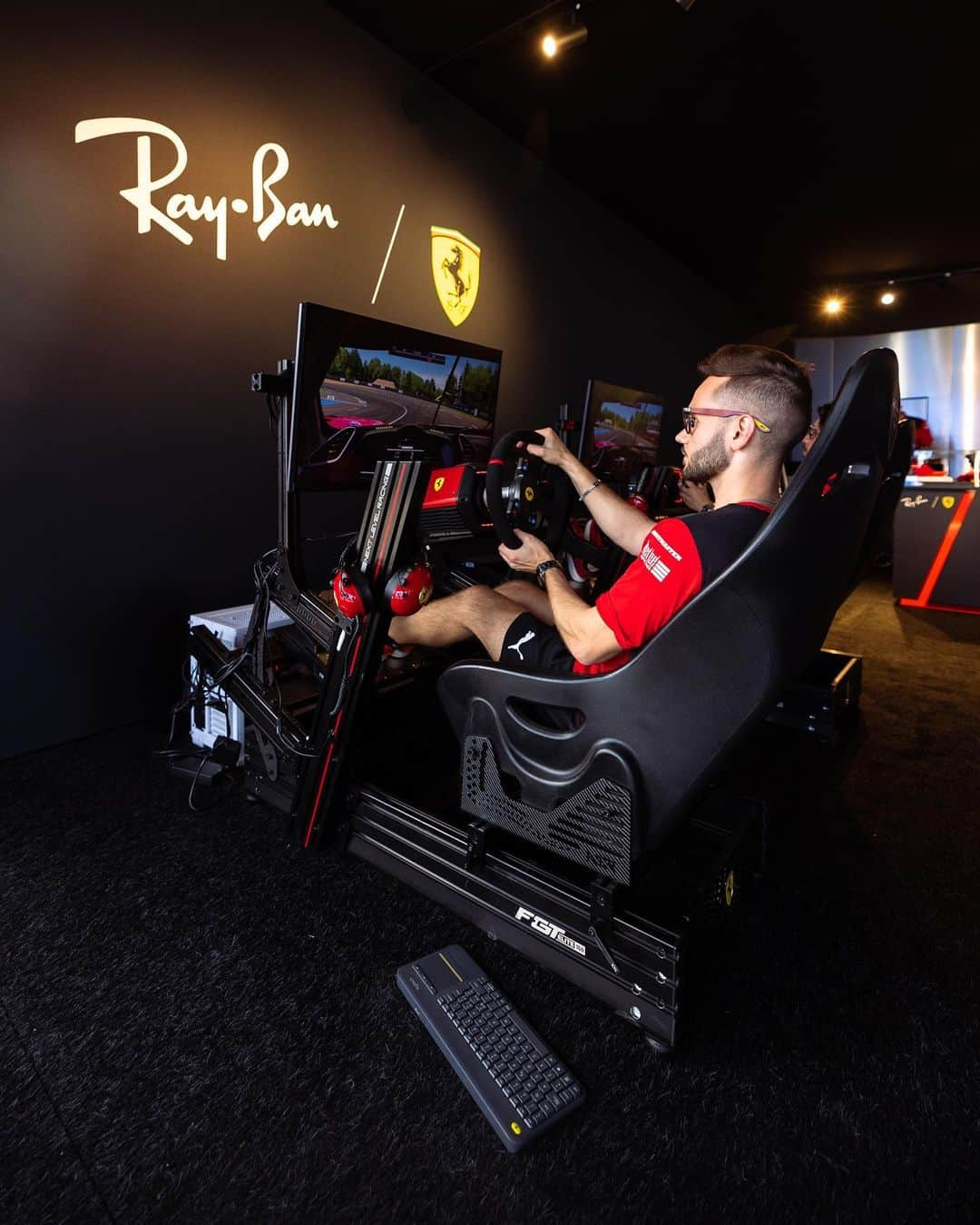 レイバンのインスタグラム：「Track set. Team’s ready. #LeMans24 has officially started! The @ferrariesports team and @abracing73 get a warmup lap in the simulator ride while sporting the new Ray-Ban LTD Wayfarer Hypercarbon 499.」