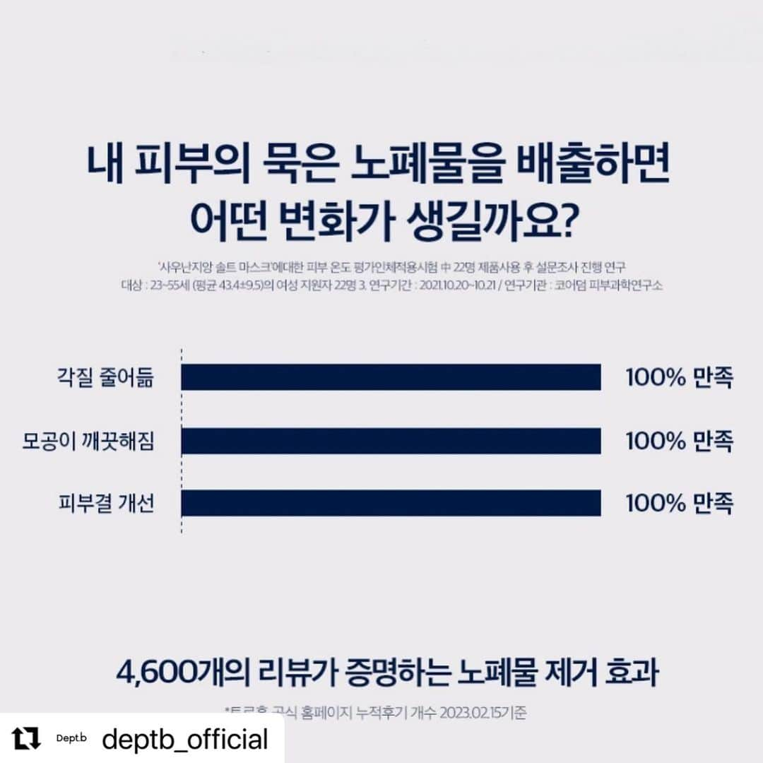 キム・ビヌさんのインスタグラム写真 - (キム・ビヌInstagram)「@deptb_official  확인된 리뷰수만 무려 4,600건 ! ! !🩵  수많은 후기로 효과가 증명되는 토르홉의 사우난지앙 마스크팩🌊  후기로 확인 되는 토르홉 소금팩의 효과와 만족도를 체크해보세요✔️  🏆네이버쇼핑 스크럽 필링 부문 1위  🏆미국 아마존 페이셜 마스크 부문 1위  🏆일본 라쿠텐 한국 화장품 부문 1위  무더운 날씨로 더욱 빠르게 올라오는 피지와 블랙헤드,  토사우난지앙 솔트 마스크가 깨끗한 피부로 재탄생시켜줄 거예요👶🏻  핀란드 사우나에서 영감을 받아 피부의 온도가 높아지면 노폐물이 빠져나오는 사우나처럼 온열 효과로 노폐물 배출을 도와드린답니다🧖‍♀️  피부속 깊은곳에서 배출되는 열과 소금 삼투압 작용의 만남으로 피부 각질케어, 노폐물 배출을을 효과적이게 케어해주는 토르홉의 사우난지앙 솔트 마스크팩을 6월12일 뎁비몰에서  만나보실수 있어용 ♥️♥️  머드팩도 사용방법 곧 올릴께유 ♨️  #토르홉 #사우난지앙솔트마스크 #머드팩 #노폐물제거 #피지개선  #블랙헤드개선 #피부결개선 #공구예고」6月10日 19時37分 - binwoos