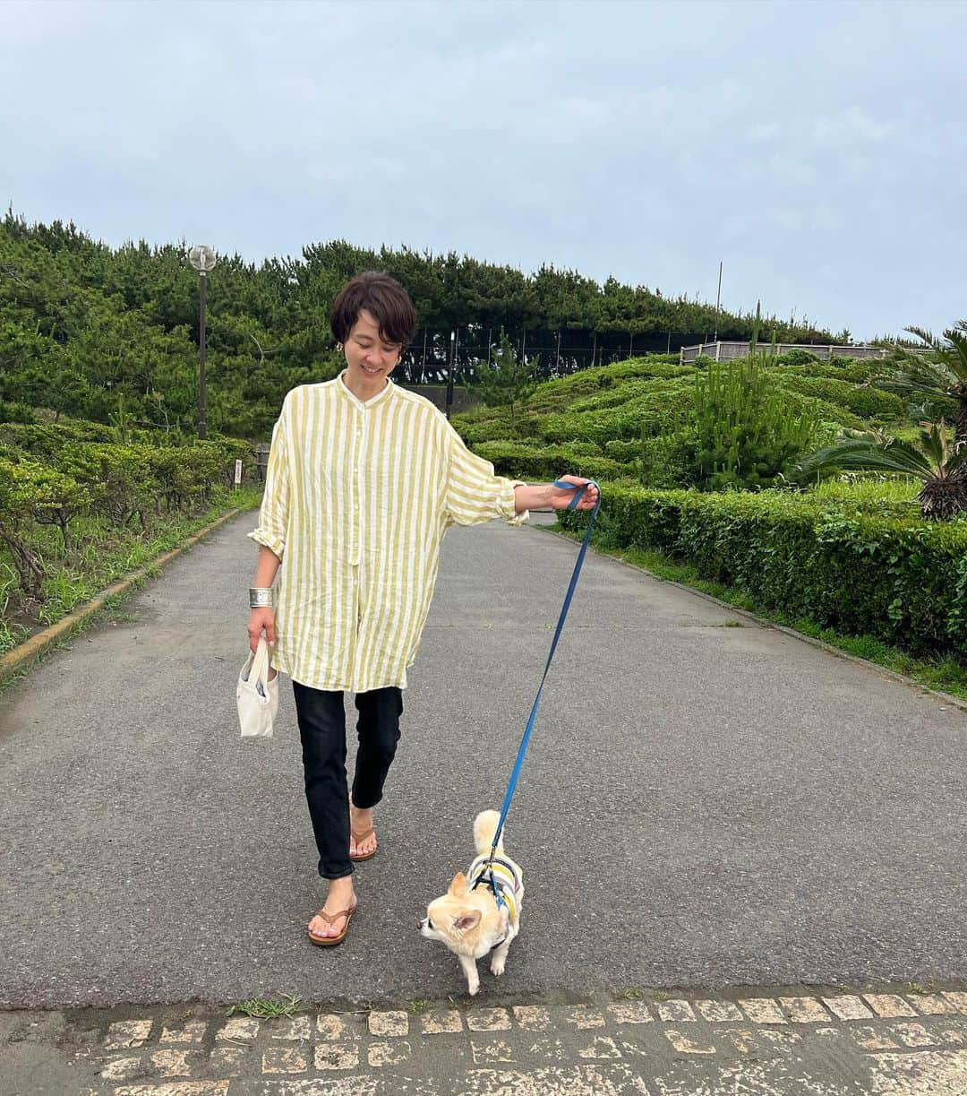 五明祐子のインスタグラム：「明日は雨☂️かな🤔？  お散歩大好きなおもち🐶 と。 1日２回おそとに行くから大変😂だけど楽しい時間💛  #お散歩#ショートカットコーディネート#癖毛爆発😂#雨予報」