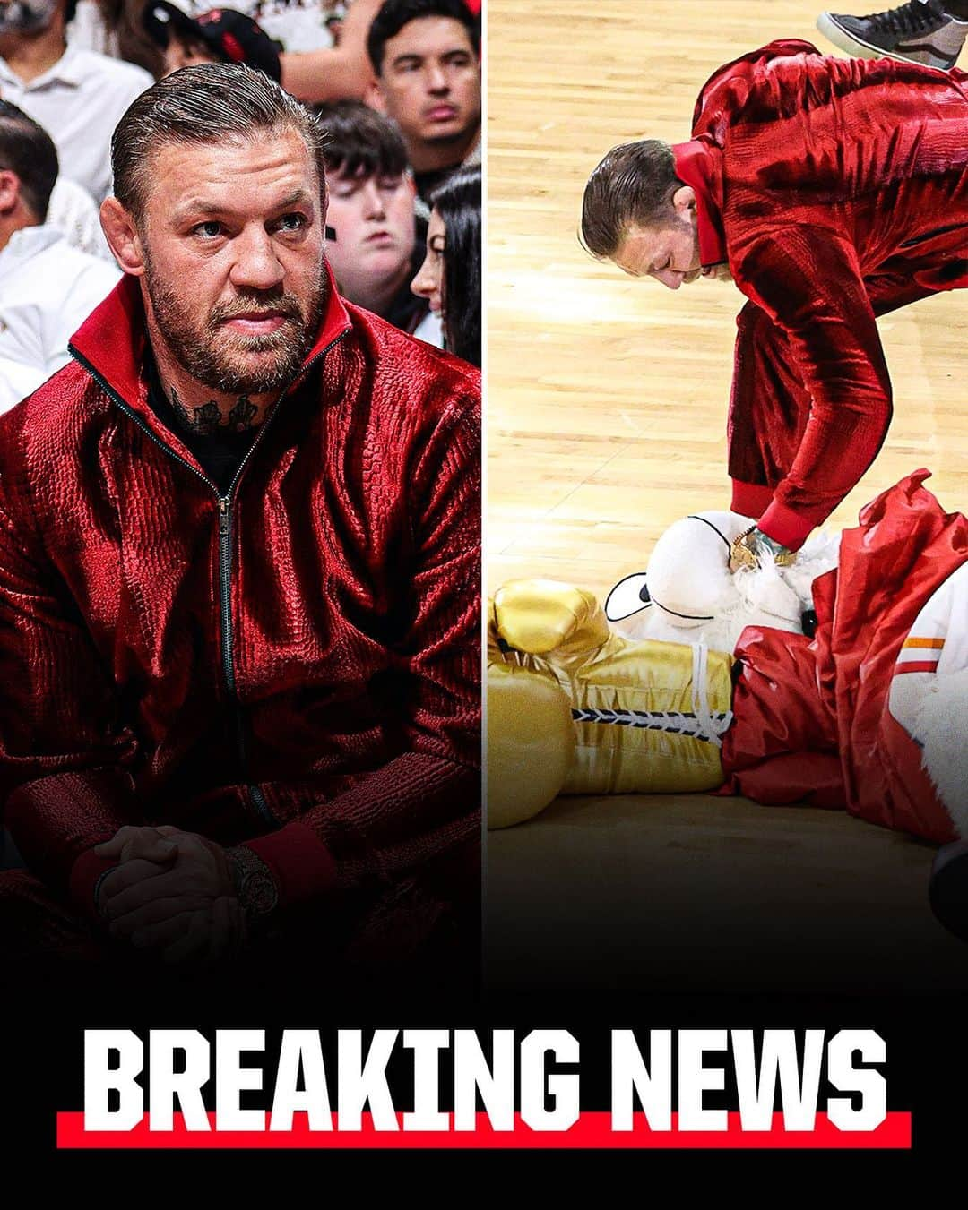 espnのインスタグラム：「The man who plays Heat mascot “Burnie” was sent to the emergency room after being twice punched by UFC star Conor McGregor in an on-court bit, reports said.  The man, according to The Athletic, received pain medication, was sent home and is doing well.」