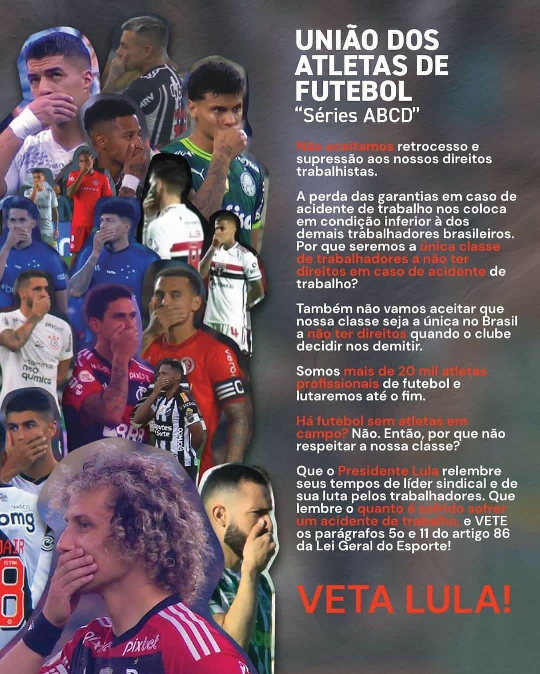 ルアン・ガルシアのインスタグラム：「⚽️ PROTESTOS - LEI GERAL DO ESPORTE ⚽️  No último mês de Maio, foi aprovado pelo Congresso Nacional a Lei Geral do Esporte.  Mesmo reconhecendo os importantes avanços trazidos pela Lei, há dois pontos que representam retrocesso em relação aos nossos direitos trabalhistas, presentes nos §5º e §11 do Artigo 86.   O §5º do Artigo 86 institui um fator de redução da cláusula compensatória, criando um cenário que pode até mesmo representar um estímulo à demissão de atletas sem o pagamento integral da rescisão trabalhista.   Já o §11 do Artigo 86 retira os direitos da estabilidade aos atletas que sofrem acidentes de trabalho.  Seremos a única classe de trabalhadores a não termos direitos quando demitidos ou quando sofrermos acidentes de trabalho.  Vale lembrar que o último estudo da CBF informa que 83% dos atletas que atuam no Brasil, recebem apenas 1 salário mínimo, sendo que os atletas que recebem mais de R$50.000,00 representam menos de 1% dos atletas brasileiros de futebol.  Hoje somos mais de 20 mil atletas e a Lei valerá para todos, sendo que os mais impactados pela Lei, serão aqueles que possuem as menores condições de trabalho.  Por isso, pedimos que Presidente Lula VETE os §5º e §11 do Artigo 86 da Lei Geral do Esporte.  Pedimos também intervenção da Ministra dos Esportes @anabmoser.  VETA @lulaoficial  #VetaLula #UniãoDosAtletasABCD」