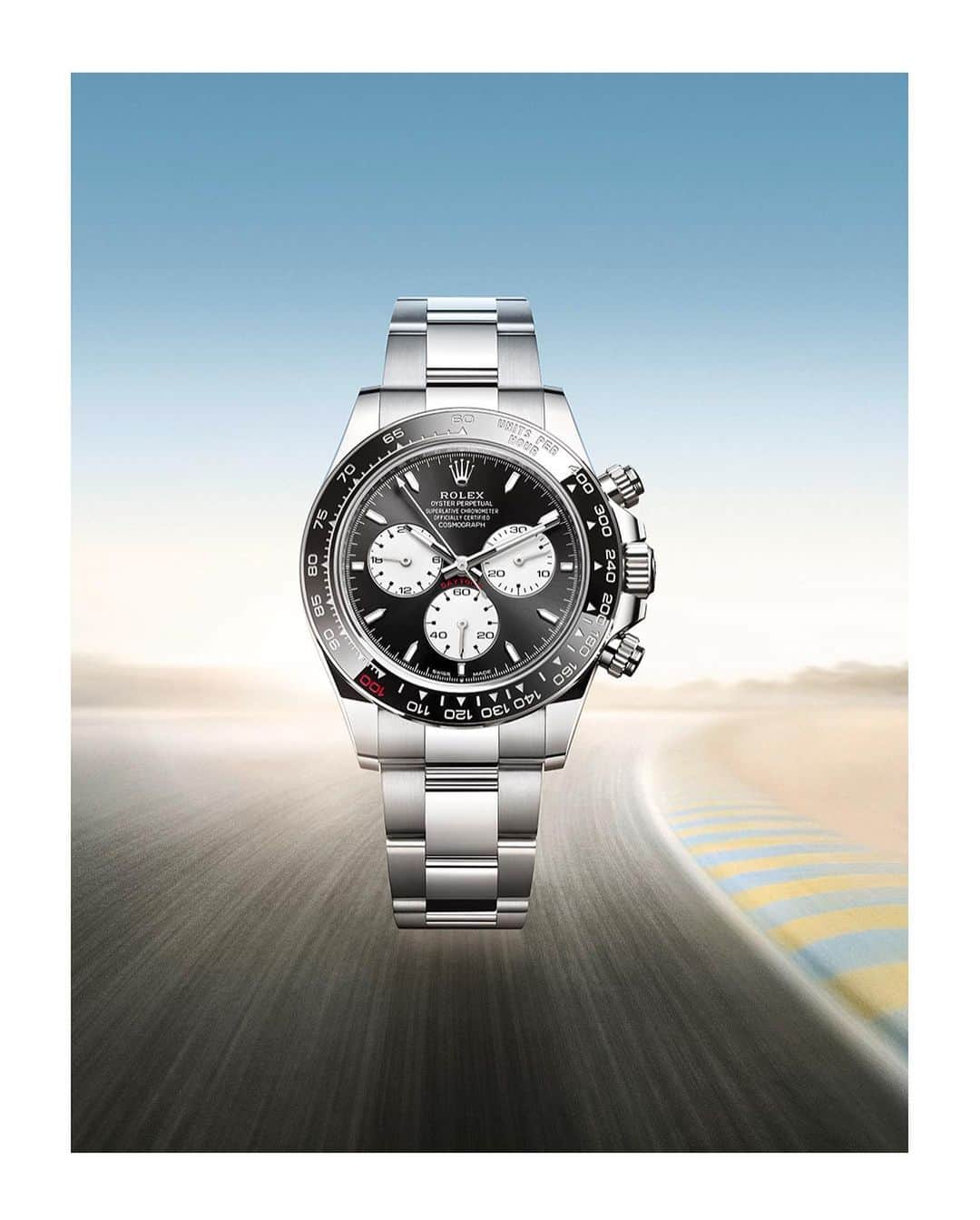 rolexさんのインスタグラム写真 - (rolexInstagram)「The spirit of racing. Crafted in 18ct white gold, this special Cosmograph Daytona sports a Cerachrom bezel in black ceramic. On the tachymetric scale, the number 100 in red ceramic pays homage to the 24 Hours of Le Mans centenary. Standing out against the bright black dial are intense white counters whose graphic design is inspired by a traditional Rolex dial. The Oyster case is fitted with a transparent back and an Oyster bracelet. This original timepiece is equipped with an exclusive movement, calibre 4132, which allows the hours of the chronograph function to be counted over 24 hours – another nod to the race – rather than the model’s usual 12. The race to excellence continues. #Rolex #CosmographDaytona #LeMans24」6月11日 1時59分 - rolex