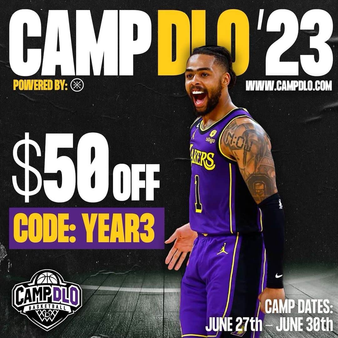 デアンジェロ・ラッセルのインスタグラム：「Camp DLo Year 3 Loading! June 27th - June 30th at (@msc_louisville ). Girls and boys from rising 3rd grade to rising 12th grade are welcomed! Use promo code: YEAR3 for $50 off. Only 15 days away! Hope to see you there 🏀  ***link in bio***  We got something special for you @universityofky and @universityoflouisville fans 👀」