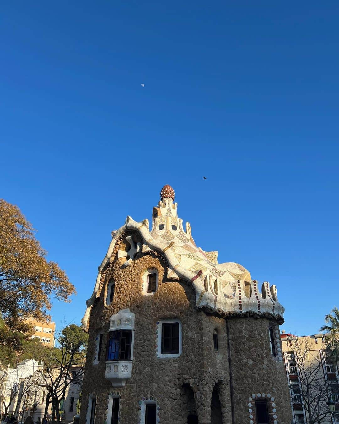 山崎怜奈のインスタグラム：「🇪🇸March, 2023  📍Barcelona, Cataluña, España グエル公園、カタルーニャ美術館  "モザイクタイルで有名なグエル公園は丘の上にあり、何百段もある階段をひたすら上っていく。そこからさらに上へと目指しているうちに、バルセロナの街が夕焼け色に傾いていくのを背中越しに感じた。市街の中で突出して大きいサグラダ・ファミリアや、赤い屋根の家とビル群のコントラスト、そのすべてを包み込むように広がる地中海を、この高台からは一望に収めることができる。……"  ◾️続きはエッセイ連載にて✍🏻 「思い立ったが吉日旅inスペイン」 https://hanako.tokyo/feature/feature-374140/ 　  #Barcelona #Spain #españa #ParcGüell #ParkGuell #MuseoNacionaldeArtedeCataluña #思い立ったが吉日旅 #スペイン #スペイン旅行 #サグラダファミリア #山崎怜奈」