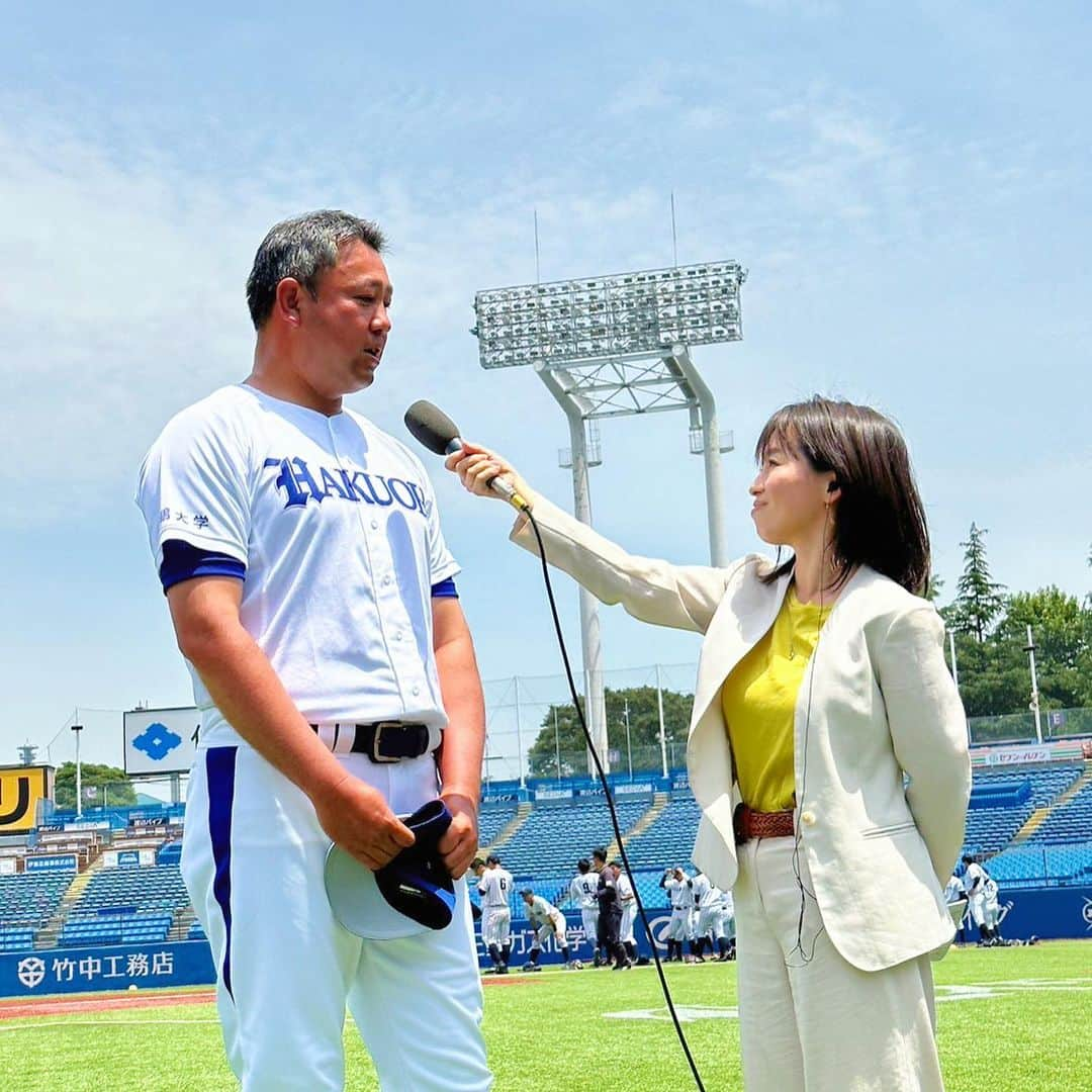 羽村亜美さんのインスタグラム写真 - (羽村亜美Instagram)「#大学野球選手権  昨日で私の担当は終わりました🎤  決勝戦は、 #青山学院大 vs #明治大  コロナ以降、 久しぶりに、 対面でインタビュー🎤 感動しました。 相手の表情見ながら インタビューは、この形式が1番です！  ステキーーな 写真をありがとうございます📷  決勝戦！ 楽しみ😊」6月11日 12時16分 - amihamura