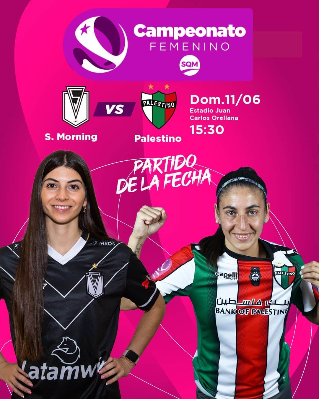 サッカー チリ代表チームのインスタグラム：「💯⚽️ El #PartidodelaFecha del #FemeninoSQM ‼️  🔜 En instantes, @stgomorningfem recibe a @palestinofem  Se viene un partidazo 😍  📅 Domingo 11 de junio ⌚ 15:30 🏟 Estadio Juan Carlos Orellana  @sqmchile」