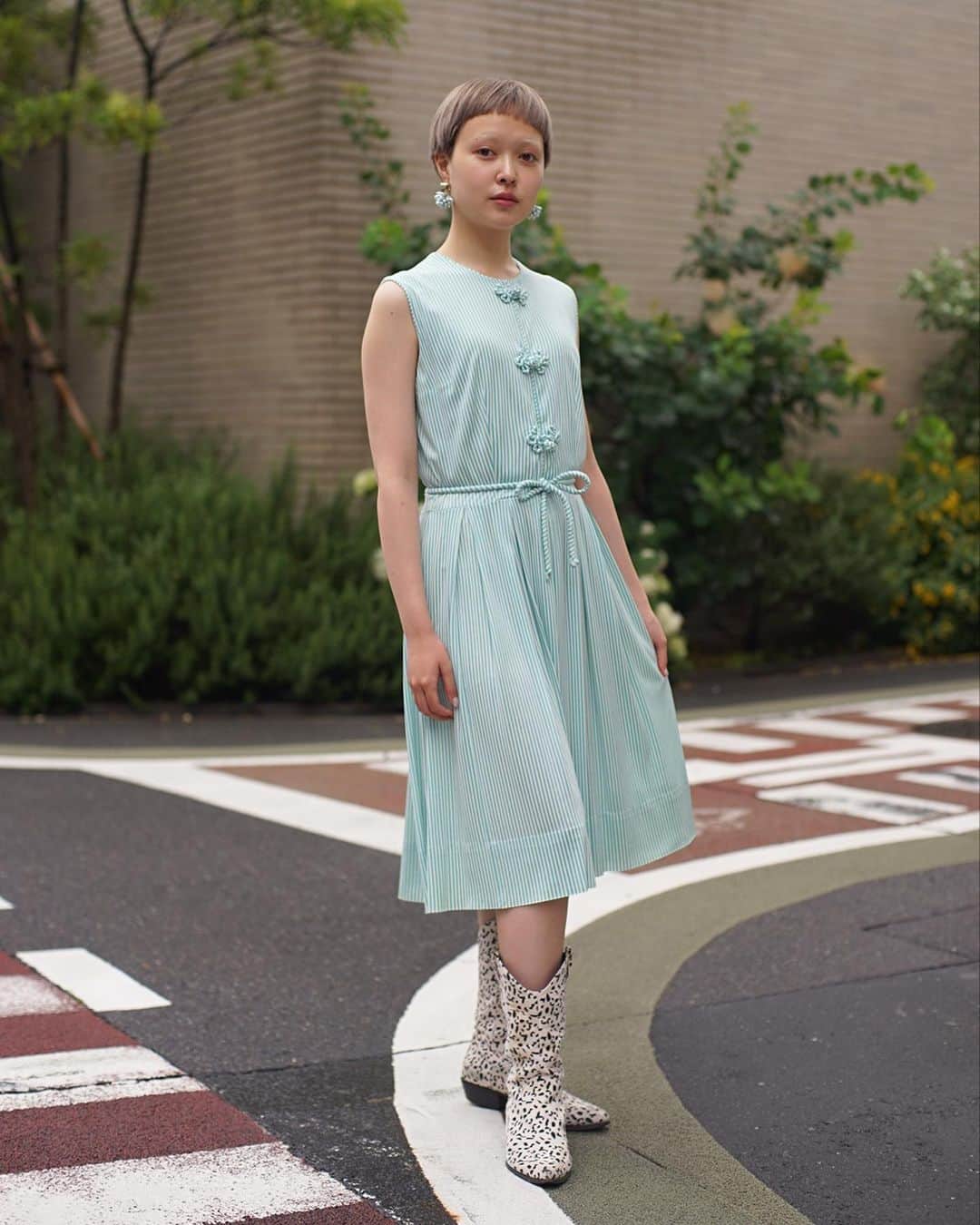PUNK CAKEのインスタグラム：「🍀NEW ARRIVAL🍀 ☑︎ china button stripe dress  Now on sale ➡︎ ONLINE STORE   model / @momooka_koyoi」