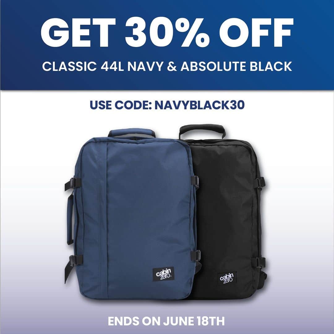 のインスタグラム：「Use code: NAVYBLACK30 to save 30% on 44L Classic Backpacks in Navy & Absolute Black 🔵⚫️ Ends on June 18th   🛍 Shop Now  #CabinZero #Travel #backpack #packing #Zerohassletrave」