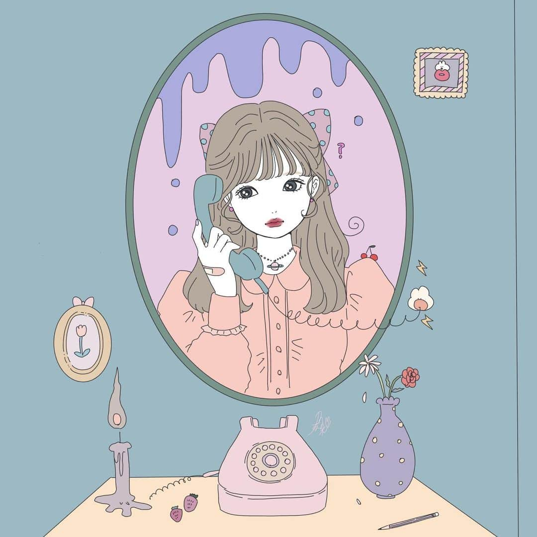 乃の木そよのインスタグラム：「しもしも？繋がらん、、、‪ꪔ̤̥☏   #絵 #絵描き  #電話 #イラストレーション #イラスト好きな人と繋がりたい #イラスト #レトロ #平成  #平成の原宿  #原宿系 #原宿系  #原宿系ファッション  #原宿女子  #青文字系  #平成レトロ #エモい #エモ  #エモいイラスト」