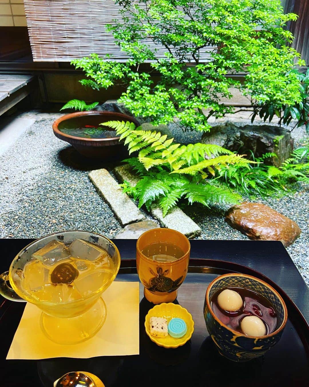 平子理沙のインスタグラム：「京都にある甘味処「大極殿本舗 六角店 栖園」の琥珀流しを食べてみたくて、訪れました。 一口食べて感動！柔らかい寒天ゼリーが絶品でした！こんなに柔らかく、美味しい寒天を初めて頂きました❣️ 毎月シロップが変わるそうで、今月は梅酒でした。 そして、京都らしい中庭も風情があって、ほっこりしました🌿 また食べたくなってきた〜。  #京都#lifestyle #trip#kyoto#fashion#beauty#risahirako #平子理沙」