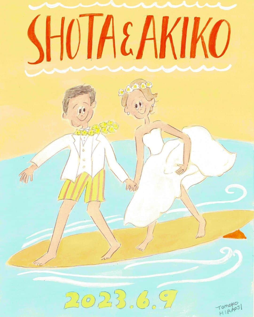 平大路 知子のインスタグラム：「大好きで大切なお友達 @akktakase のweddingに、イラストを贈らせていただきました🕊️ ハワイまで自分がお祝いに駆けつけられなかったことはとても悔しいけれど、代わりに私の絵を幸せな場所へと連れて行ってくれて、本当にありがとう！  あき、改めておめでとう💛 お願いだから、ずっと幸せでいてよね🤞  誰かの幸せに想いを馳せて絵を描くことほど幸せな事はない。weddingの絵は常に募集していて、私のペースで描かせていただいています。近々またその他の絵もオーダーを受け付けようと思っています。 もっと描きたい！描かねば！🎨」