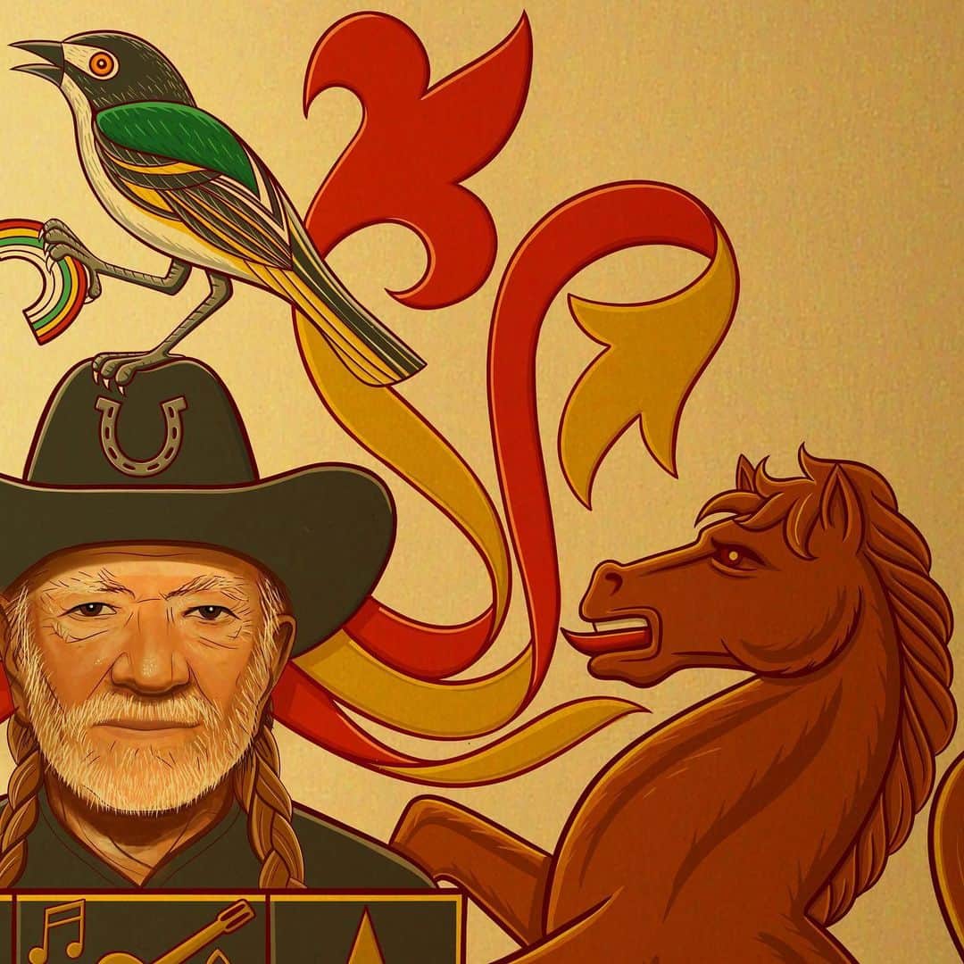 Seb Lesterさんのインスタグラム写真 - (Seb LesterInstagram)「I designed a coat of arms for Willie Nelson, because it’s 2023 and he’s a legend. Do you prefer the colour one or the gold and black version? Most of the symbolism should be clear, but the songbird is a black-capped Vireo native to Texas, like Willie, and the motto is a line from his song ‘Roll Me Up’. #Art #WillieNelson #FindingNewWaysToMakeOldThings #Heraldry #Symbolism #PopArt #CoatofArms #SebLester #Stoner #Legend #mantling #shield #Heraldicbeast Via @heraldicbeast @willienelsonofficial」6月11日 23時21分 - seblester