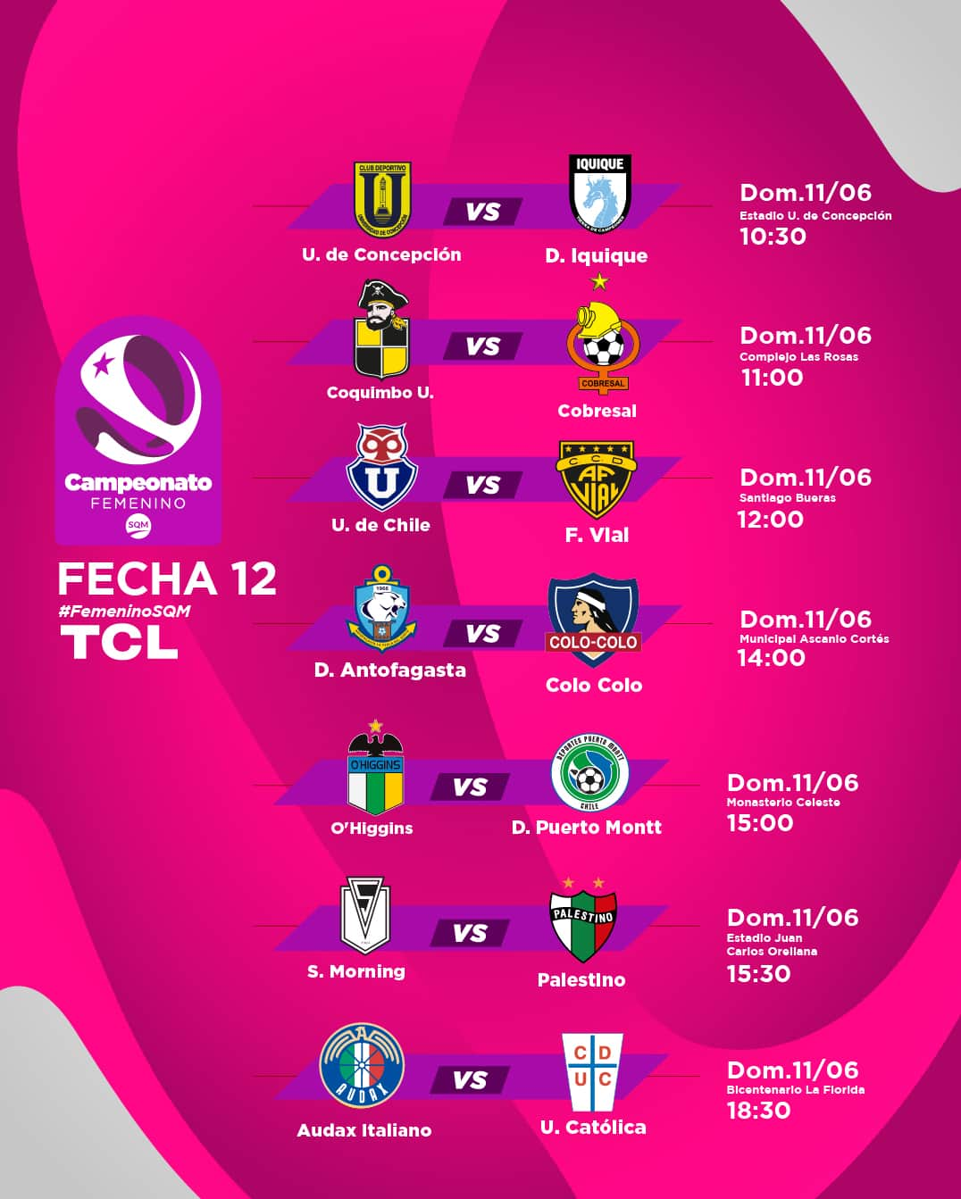 サッカー チリ代表チームのインスタグラム：「⚽️💯 Se juega una nueva jornada del #FemeninoSQM  Revisa horas y días #Fecha12 📆⌚️  Presentada por @tcl.cl  @sqmchile」