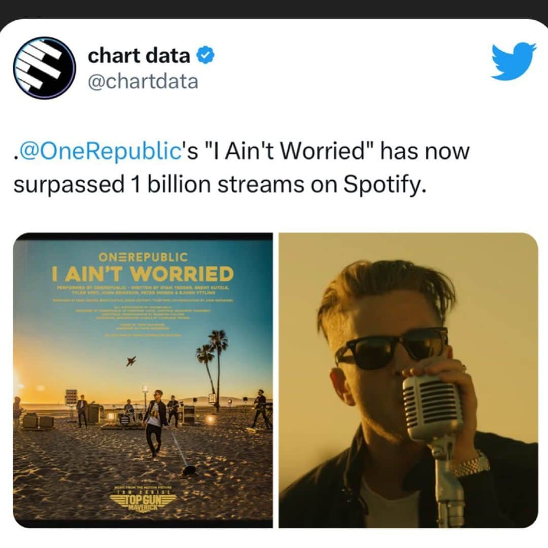 ライアン・テダーのインスタグラム：「Thank u everyone 🙏🙏❤️❤️🎶. I don’t take ANY successful song for granted- especially now.  It’s hard out there.  This means the world u listening to this for over a year now. 🙏 Thanks @paramountpics @tomcruise @randyspendlove for believing in us and this song.  Thx @spotify for tha love ❤️」