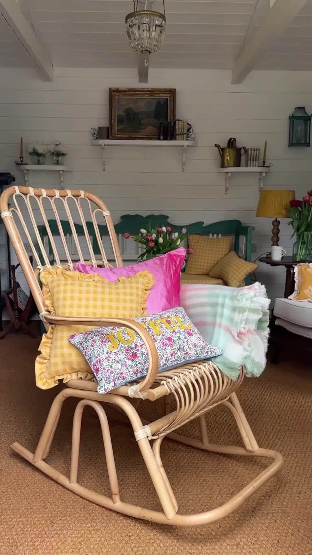 ローラアシュレイのインスタグラム：「Get your home ready for the summer season with @hillhousevintage ⁣ ⁣ Paula has styled her charming Garden Cottage with pieces from our Joyful Home Collection. ⁣ ⁣ 🔎 Rowe Bench in Annaly Velvet Dark Blush⁣ 🔎 Joyful Cushion⁣ 🔎 Gingham Dijon Fabric by the Metre⁣ 🔎 Nigella Cushion in Peony Pink⁣ 🔎 Colton Check Throw⁣ 🔎 Lady Fern Cushion⁣ 🔎 Montpellier Occasional Chair⁣ 🔎 Montpellier Side Table⁣ 🔎 Maria Table Lamp⁣ 🔎 Hemsley Lamp Shade⁣ 🔎 Indoor Cane Rocking Chair」