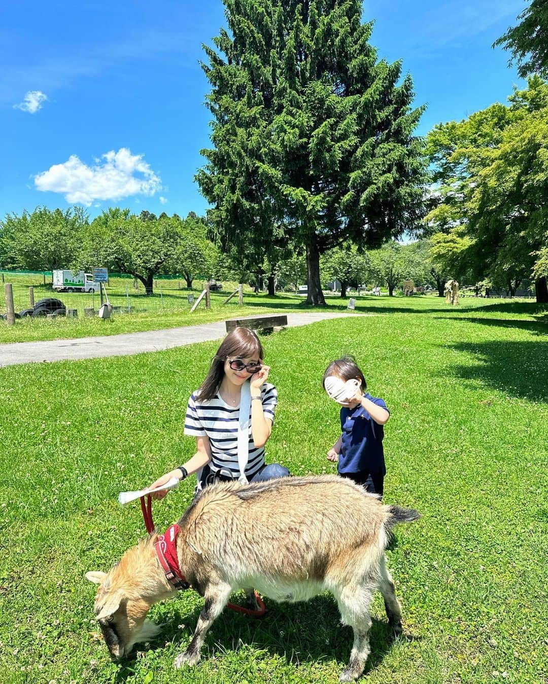 小林真由のインスタグラム：「伊香保🐄 ⁡ 原美術館の前にある牧場が、会いたい動物もアクティビティもぎゅっと詰まってて楽しめました!ヤギや羊とお話する子供達が面白かった🐑 ⁡ ⁡ 前日に寄った渋川スカイランドパークはメリーゴーランド乗り放題で歓喜！小さな遊園地で数時間行くのにぴったりでした🎡 ⁡ ⁡ #ファッション #コーデ #ママコーデ #女の子ママ #男の子ママ #ママライフ #コーディネート #４歳 #２歳 #二人育児 #群馬 #伊香保 #牧場 #旅行 #国内旅行 #子連れ旅行 #原美術館 #伊香保グリーン牧場 #前橋」