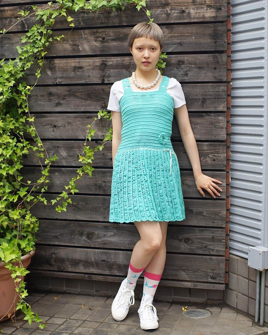 のインスタグラム：「🍏 NEW ARRIVAL 🍏 ☑︎ Mint crochet knit cami mini dress  Now on sale ➡︎ ONLINE STORE   model / @momooka_koyoi」