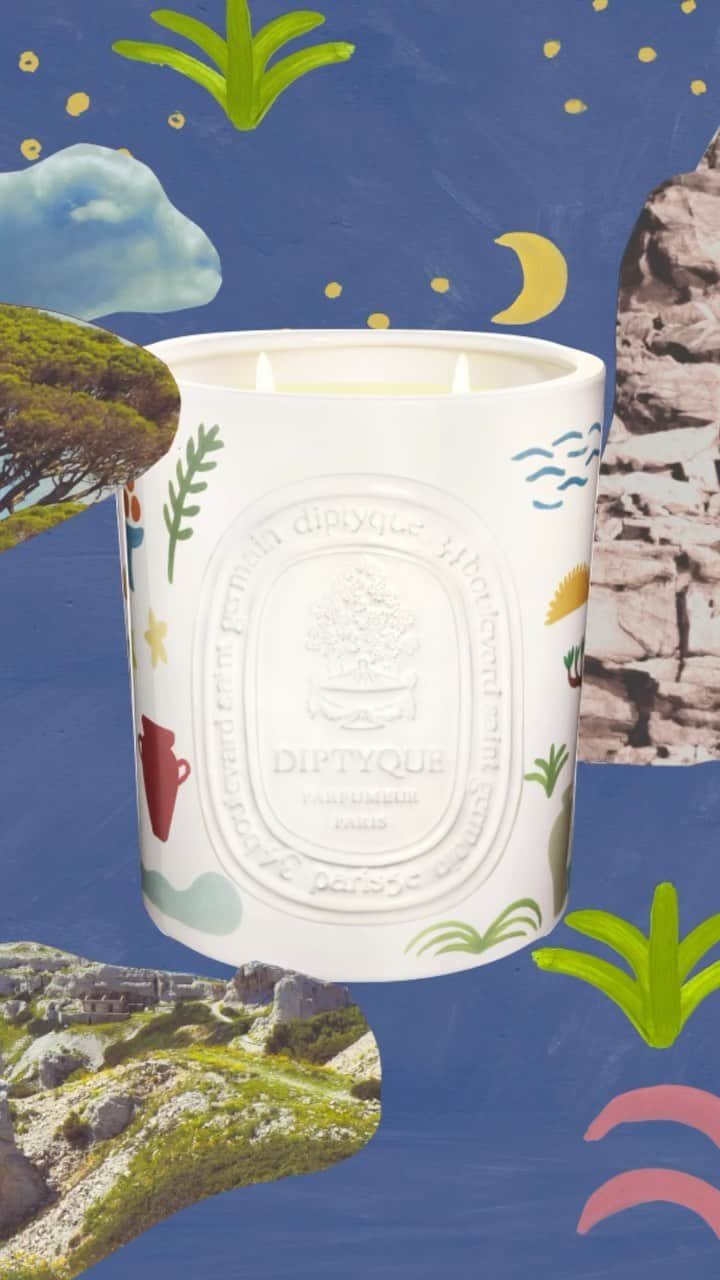 ディプティックのインスタグラム：「Just one look… …and you’ll be captivated. Our extra large Citronnelle candle is adorned with familiar and well-loved summer motifs: a radiant sun, lavender flowers, azure blue waves and more. Mediterranean inspirations by Erik Winkowski.  #diptyque #diptyqueparis #citronelle」