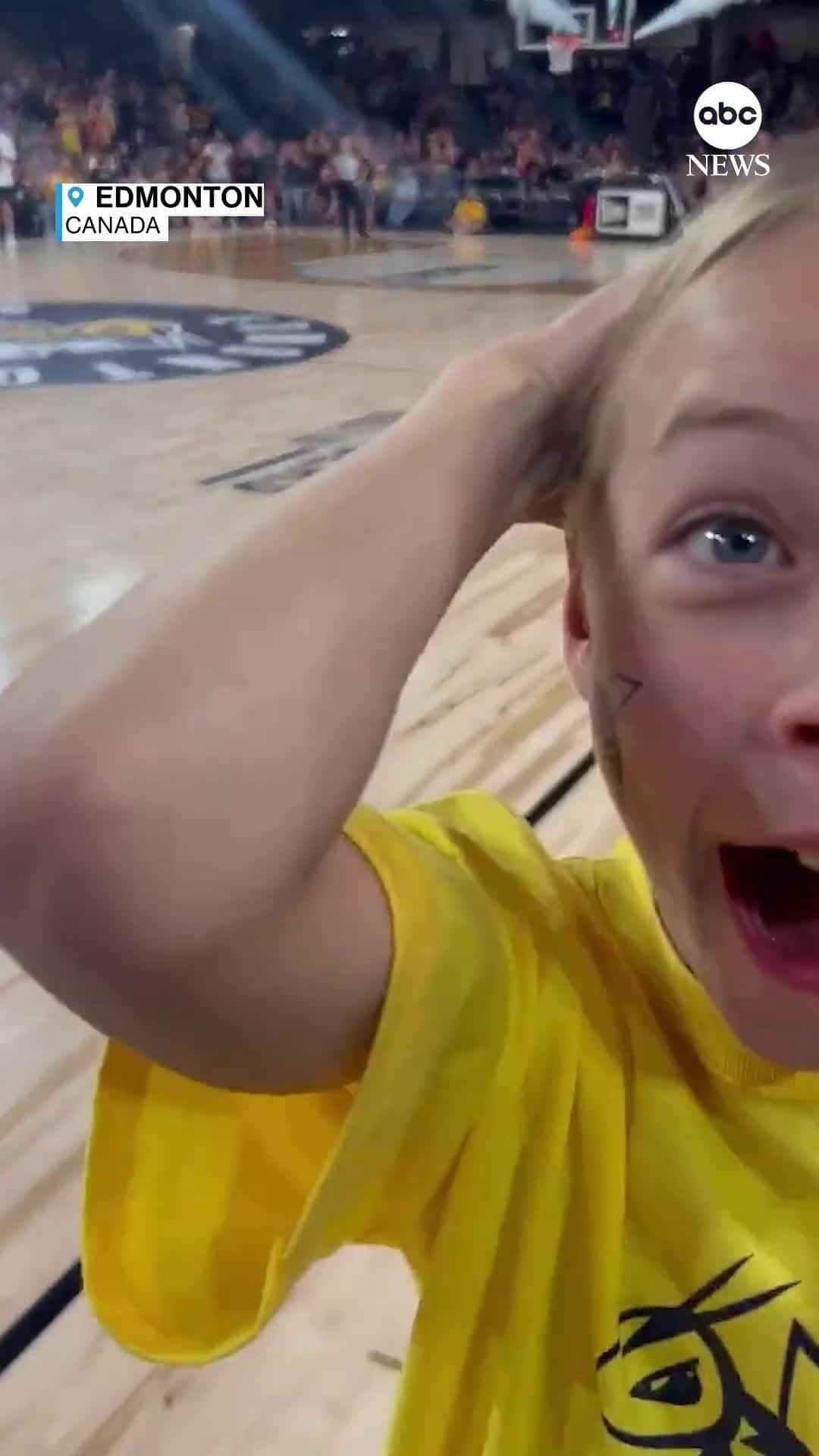 ABC Newsのインスタグラム：「NOTHIN' BUT NET: A woman makes a half-court shot to win free beer for a year, to the delight of the crowd at a basketball game. #basketball #halfcourtshot」