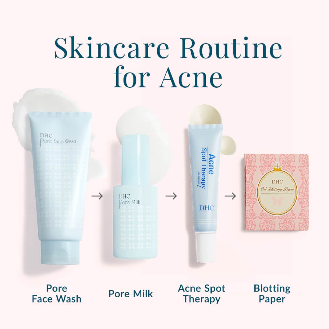 DHC Skincareのインスタグラム：「June is Acne Awareness Month 💙 At DHC, we wholeheartedly embrace the Japanese concept of wabi-sabi. According to wabi-sabi, each of us is “perfectly imperfect.”   No matter what your skincare struggles are we are along for the journey and there to support your skincare needs. ​​​​​​​​​  In honor of Acne Awareness Month here is our recommended skincare routine for acne!   💦 Cleanse with Pore Face Wash ✨ Moisturize with Pore Milk  🤗 Treat with Acne Spot Therapy  ☀️ Touch up skin throughout the day with Blotting Paper」