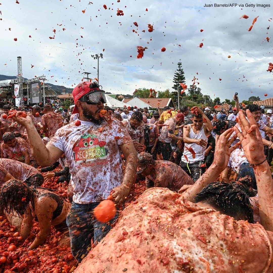 ABC Newsのインスタグラム：「People in Colombia take part in the tenth annual Tomato Fight Festival—also known as "Tomatina." It's the first festival held since pandemic restrictions were lifted.」