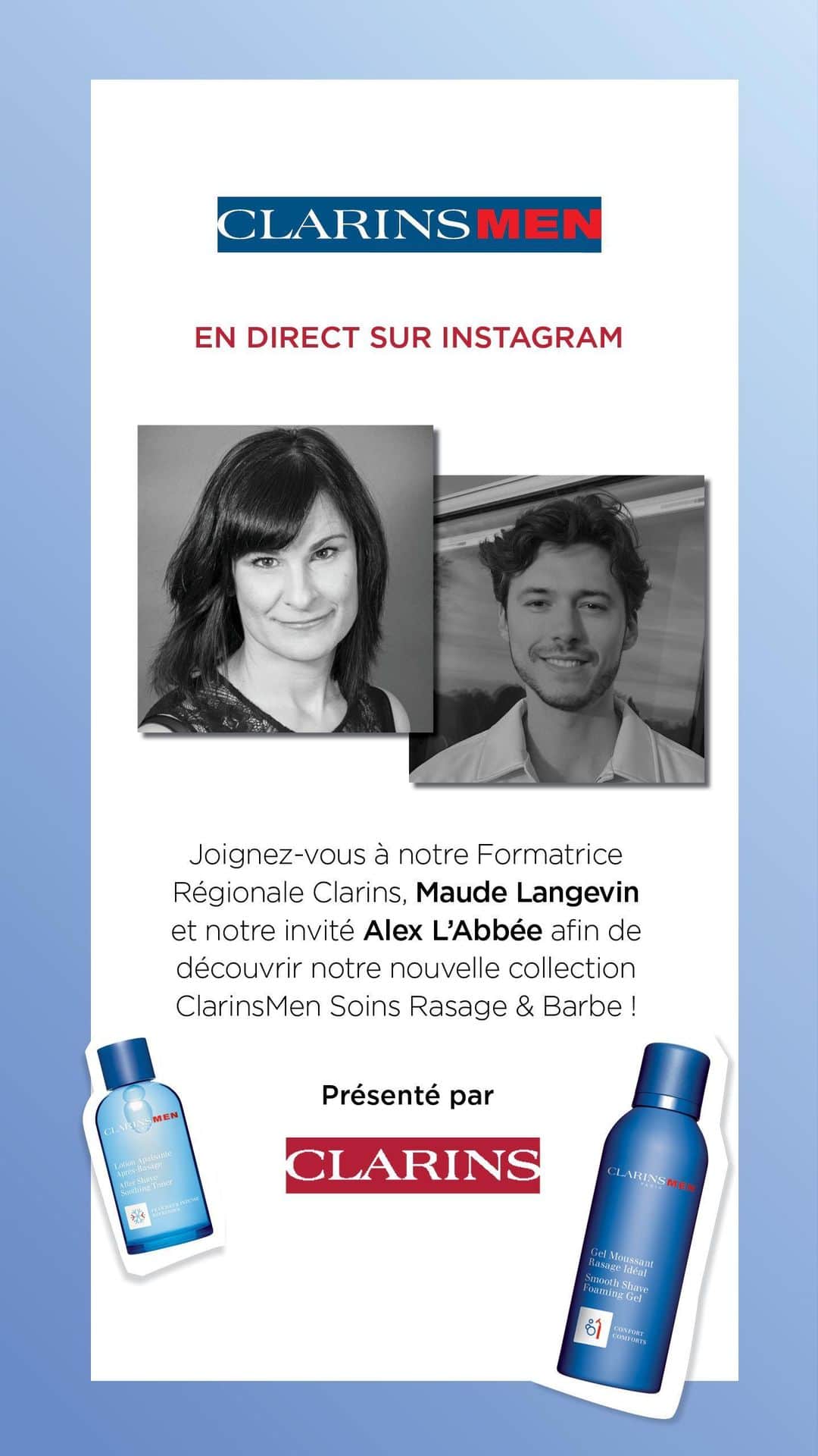 Clarins Canadaのインスタグラム：「À la recherche d'un cadeau pour la fête des pères ? 🎁 Découvrez notre nouvelle gamme Clarins Men Rasage & Barbe avec notre formatrice régionale, Maude Langevin ainsi que notre invité spécial @alexlabbee.   Jusqu'au 18 juin 2023, recevez un cadeau offert de 5 pièces avec toute commande de 50 $ ou plus de produits ClarinsMen avec le code DAD23 + 15% de rabais avec le code promo PAPA15.✨」