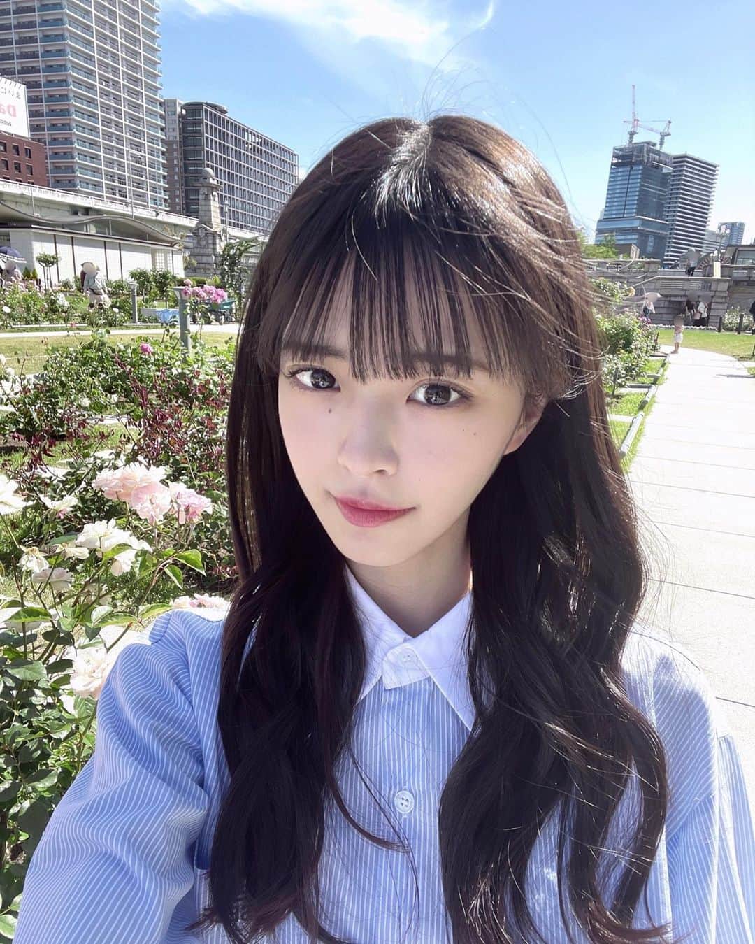 桜田彩叶のインスタグラム：「いい街やね〜   #大阪観光  #北浜  #中之島バラ園  #treatyourself  #ストライプシャツ」