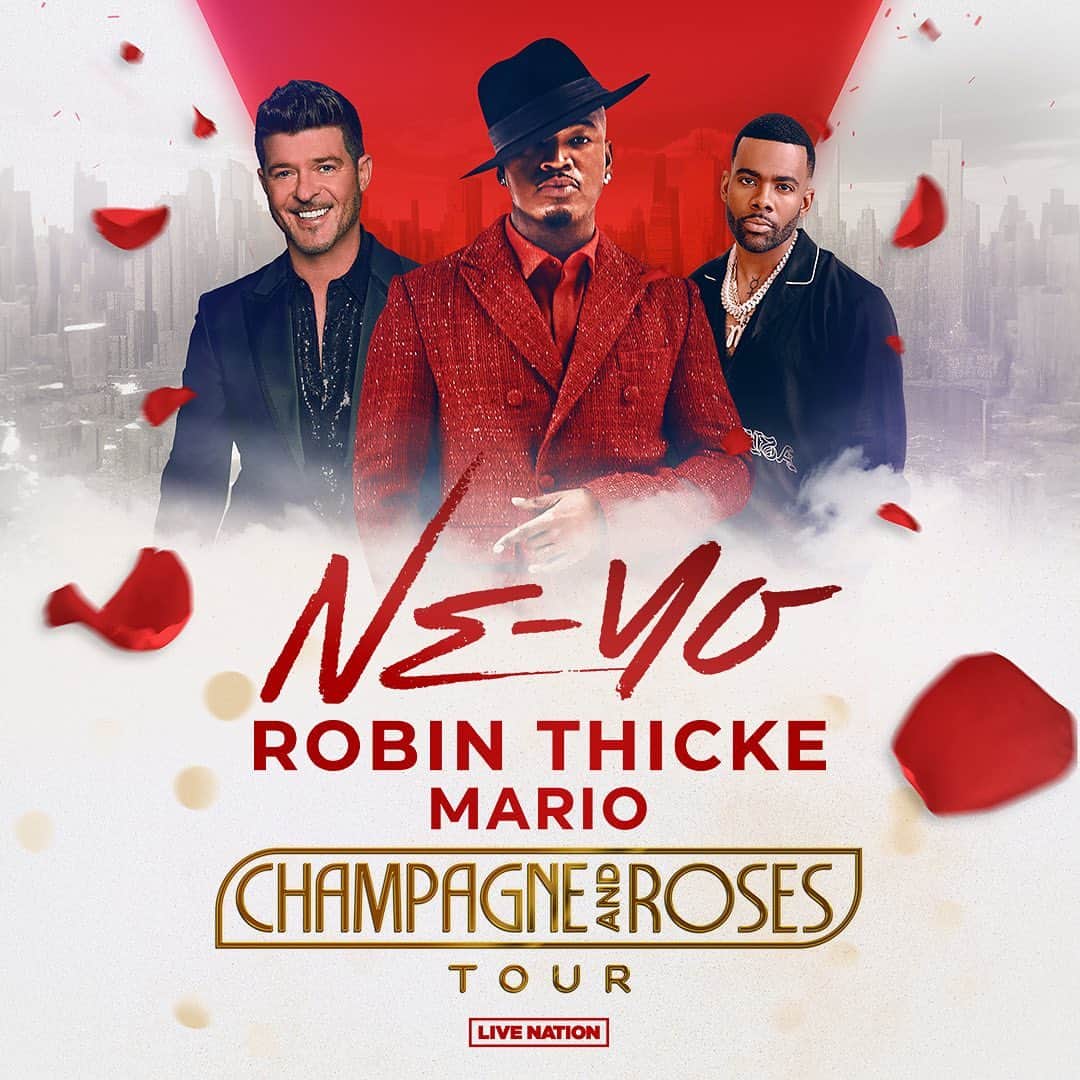 NE-YOのインスタグラム：「This one's for the GROWN & SEXY! I'm excited to announce that I'm bringing my "Champagne & Roses" Tour 🥂🌹with @robinthicke & @marioworldwide to a city near YOU! Tickets go on sale this Fri. 6/16. Can't wait to see y'all!」