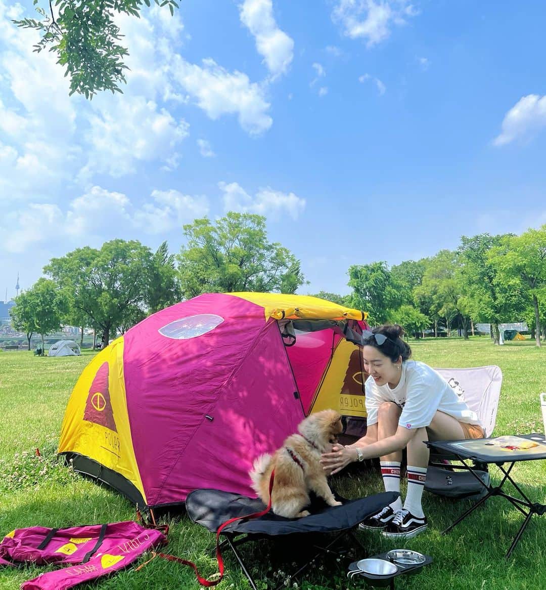 キム・ソラのインスタグラム：「• 내집마련🏕️ 마루랑 캠크닉💕  #캠크닉 #camp #picnic」