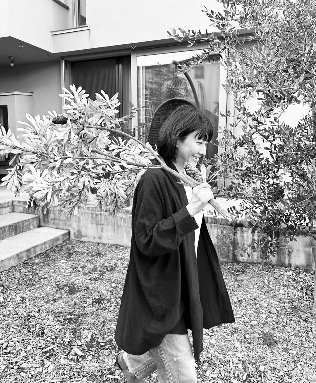 風間ゆみえのインスタグラム：「休日は何をしてますか？  先日の打ち合わせで聞かれて、 お休み…ん？何してるんだ？ そうあらためて考えてみると、たっぷり眠ってるか、お掃除、庭の手入れしてる。w  翌週のスケジュール次第で青山のファーマーズマーケットで買い出し。 ときに、意を決してドラマにはまって一日中ドラマのストーリーを追ってるか。 我が家はテレビないからiPhoneで観てるのだけど、よく考えたら小さいわ。目に良くないわ😵‍💫  そう、なので、 お誘いがないとずっと家でお片付けしてます。w  どちら様か、時折、誘い連れ出してくださいませ🙏✨  ブルーベリー🫐無農薬で食べたいから苗買いました😂✨  肩に担いでるのは、折れてしまったバンクシアをもらったので活けるところ。」