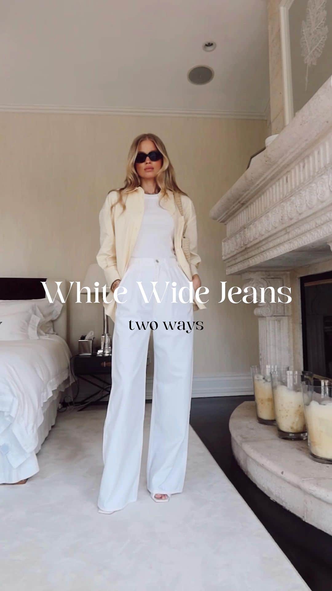 ヴィタ・シドルキナのインスタグラム：「White wide jeans styled two ways 🤍  1 or 2?🙃 You can find all the links in the “JUNE links” story highlights   #vitasidorkina #vitasidorkinastyle」