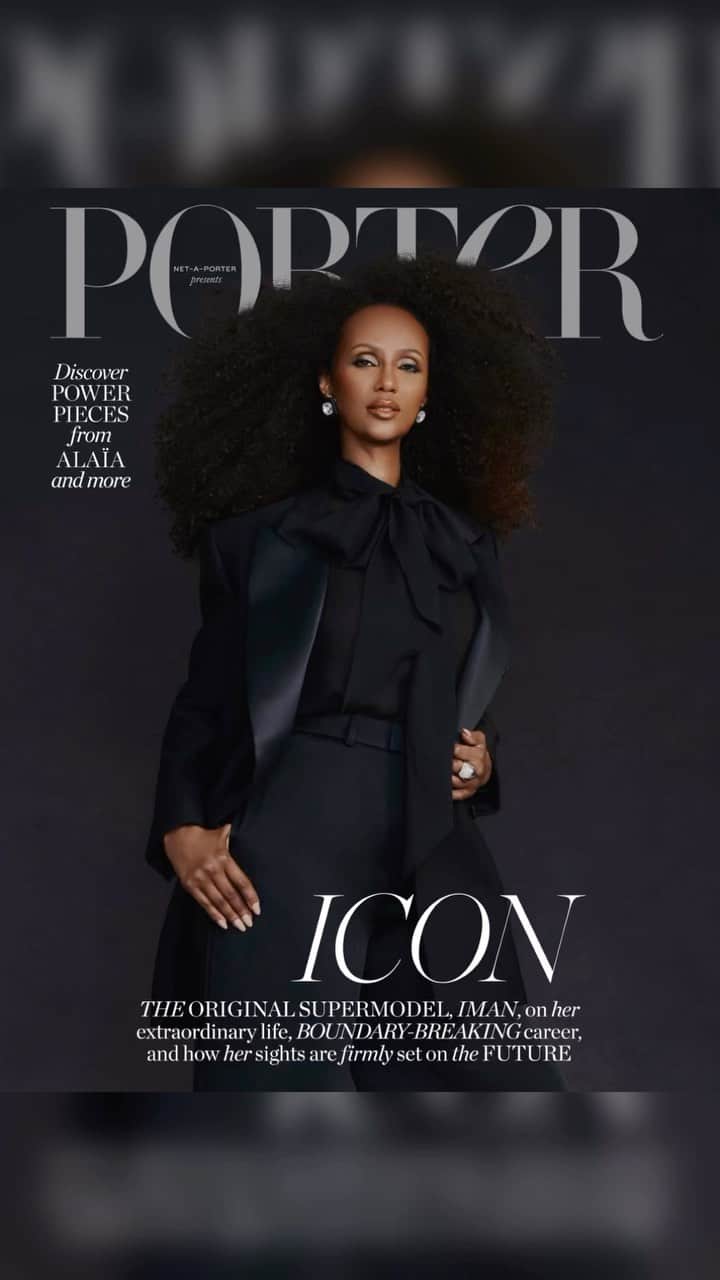イマン・アブドゥルマジドのインスタグラム：「“Supermodel, entrepreneur, activist, icon. @the_real_iman has blazed an incomparable trail through the fashion industry during her near five-decade career. In our PORTER cover interview, she speaks to @lynettesaid about her early modeling days and why she won’t return to the runway, the power of speaking out and showing up, and how it was her late husband, David Bowie, who gave her the confidence to launch her barrier-breaking brand.”  Full interview at the link in bio!  Publication- @portermagazine @netaporter Photographer- @adrienneraquel Makeup- @porschefabulous Hair- @hairbyromorgan Stylist- @natasharoyt Art Director- @kelly0n Production- @es.Robertson Content Director- @alcaselyhayford Fashion Director- @kayabarron Casting- @theannabelbrog @olivesw」