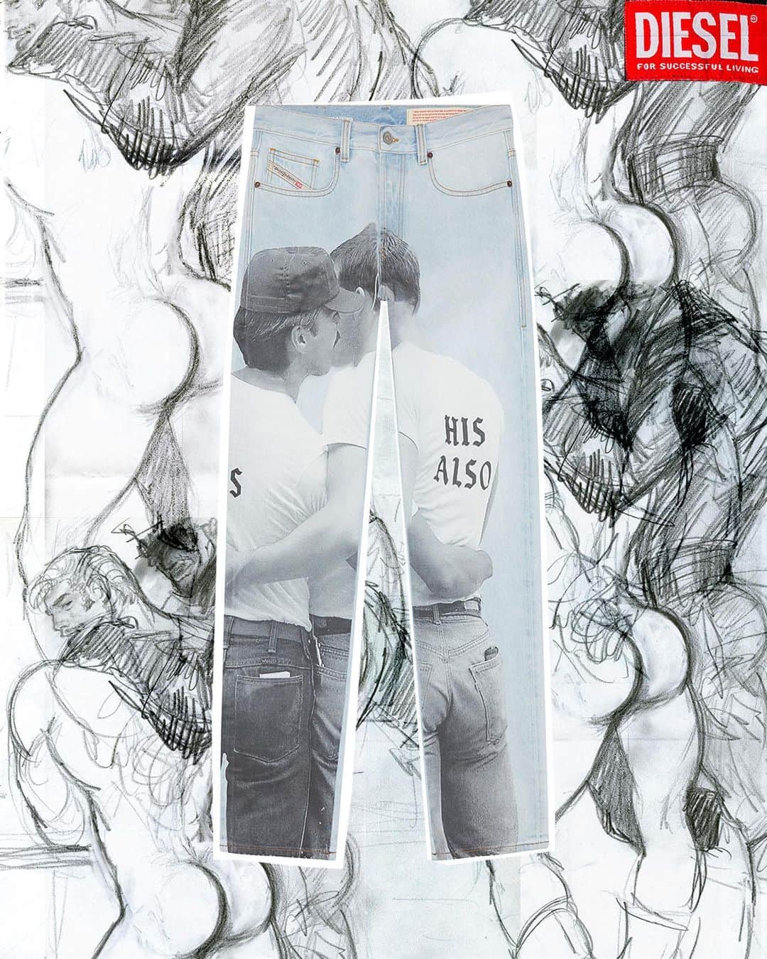 ディーゼルのインスタグラム：「Past / Present.   The 2023 Diesel x @tomoffinlandfoundation Pride collection spotlights a new set of artists from Tom of Finland Foundation's erotic and queer art collection, including @stanley.stellar, Viktoria Raykova, Michael Mitchell and Tom of Finland.    Their powerful images, carefully curated with @thecommunityparis to illustrate gay men in moments of unabashed freedom and joy — social, sexual and romantic — are applied as prints and patchworks on the capsule's 17 pieces ranging from T-shirts to denim to jockstraps. Each garment is trimmed with a special canvas tape printed with a quotation from the artist.   Photographer: @lukeabby Styling: @mal.co.lm  Shop the Diesel x @tomoffinlandfoundation capsule and learn about #TheAllTogetherClubhouse exhibition and event program in New York City June 21-25 at the link in bio.   #ForSuccessfulLiving #AllTogetherShow」