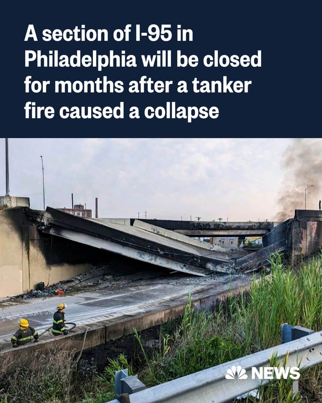 NBC Newsさんのインスタグラム写真 - (NBC NewsInstagram)「Interstate 95, the main roadway between the East Coast's two largest cities, New York City and Philadelphia, will be closed for months after a tanker fire caused a section to collapse, Pennsylvania Gov. Josh Shapiro said.  An elevated section of northbound lanes in northeast Philadelphia collapsed, trapping the tanker truck and whoever was inside beneath 500 tons of concrete, steel and rubble, Shapiro said.   He called the scene “a remarkably devastating site.”  Read more at the link in bio.  📷️ Philadelphia Fire Department via AP」6月13日 2時06分 - nbcnews
