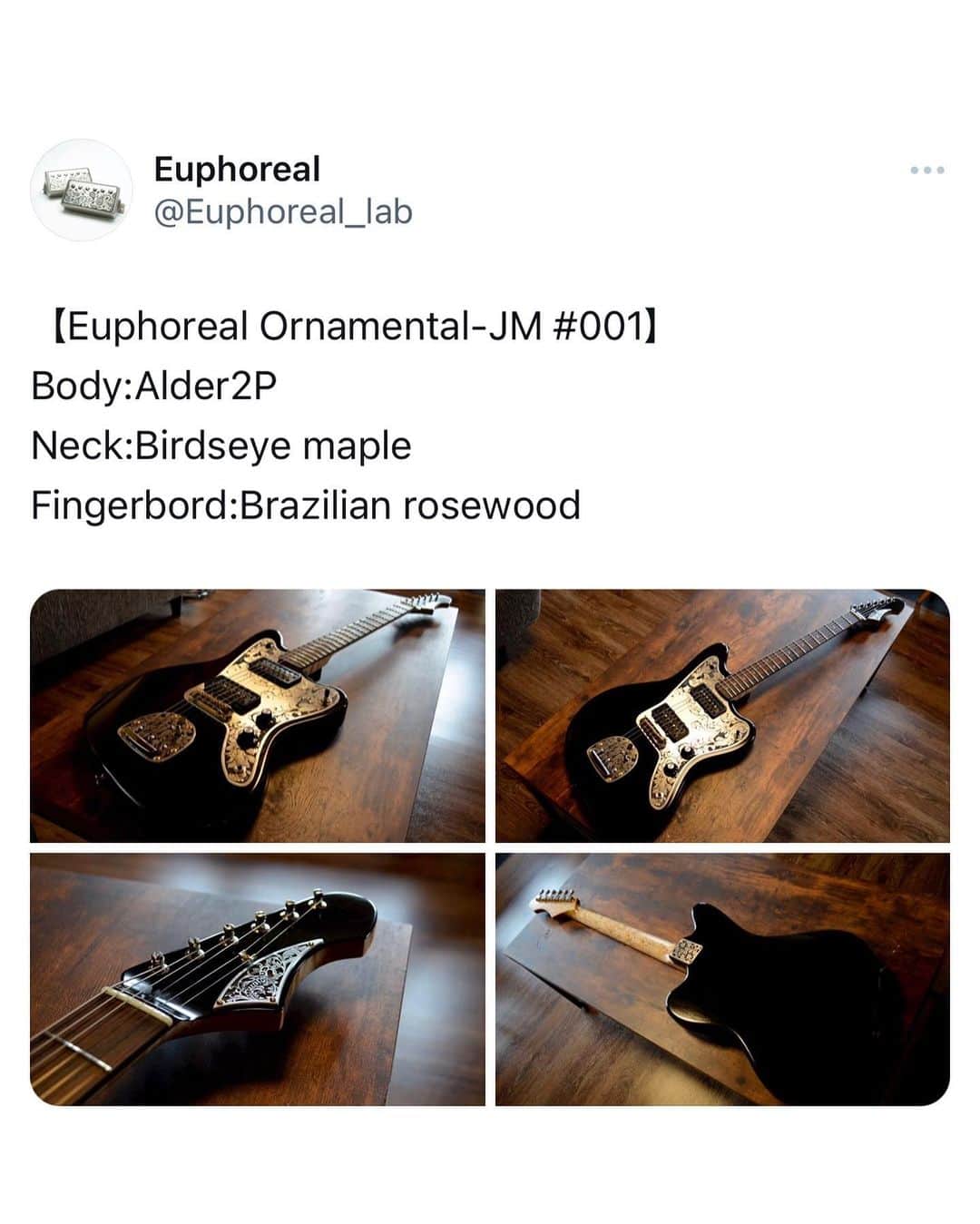 田辺由明さんのインスタグラム写真 - (田辺由明Instagram)「新しい仲間が加わった！！  【Euphoreal Ornamental-JM #001】  超カッケェ…！！  Euphoreal藤野さんの"本気"を感じる、現状世界に１本だけのギター  Euphorealには愛機のフライングVのピックアップを作ってもらったり、メンテナンスをしてもらったりいつもお世話になってます。 いつもありがとうございます！！  @euphoreal_lab   【Euphoreal Ornamental-JM #001】 Body:Alder2P Neck:Birdseye maple Fingerbord:Brazilian rosewood  #euphoreal #guitar #jazzmaster #guitarist」6月13日 2時25分 - toriashi_vyt