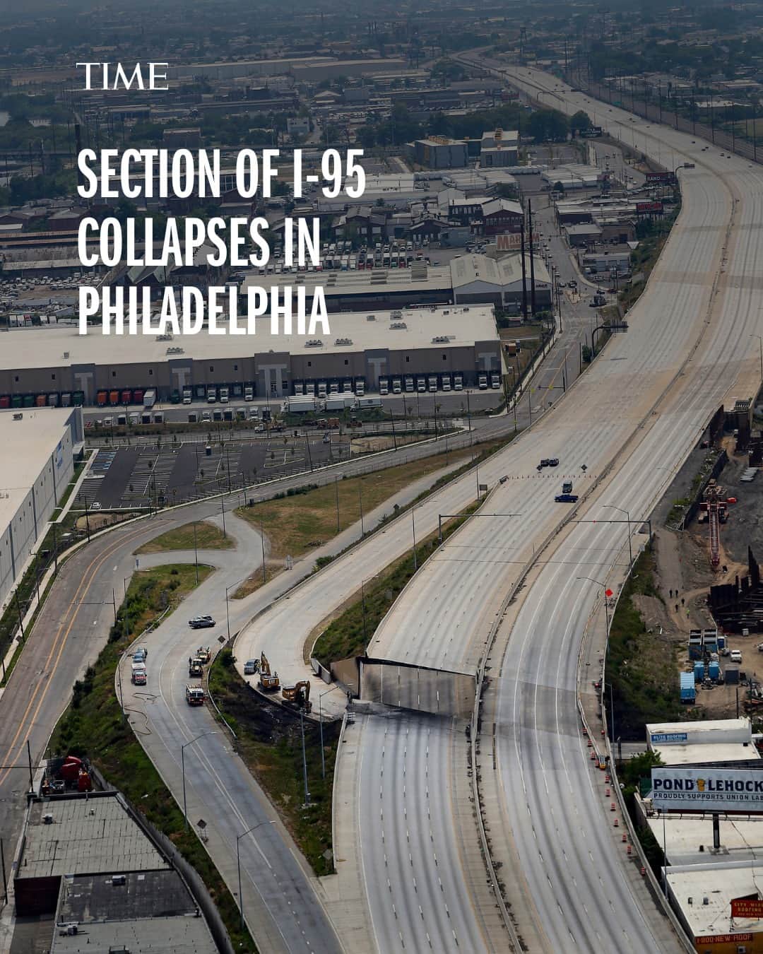 TIME Magazineのインスタグラム：「A section of Interstate 95 collapsed early Sunday in Philadelphia after a tanker truck carrying a petroleum product caught fire.  Officials said the tanker may have been hauling hundreds of gallons of gasoline, and transportation officials warned of extensive delays and street closures.  Link in bio.  Photograph by David Maialetti (@maialetti)—@phillyinquirer/@apnews」