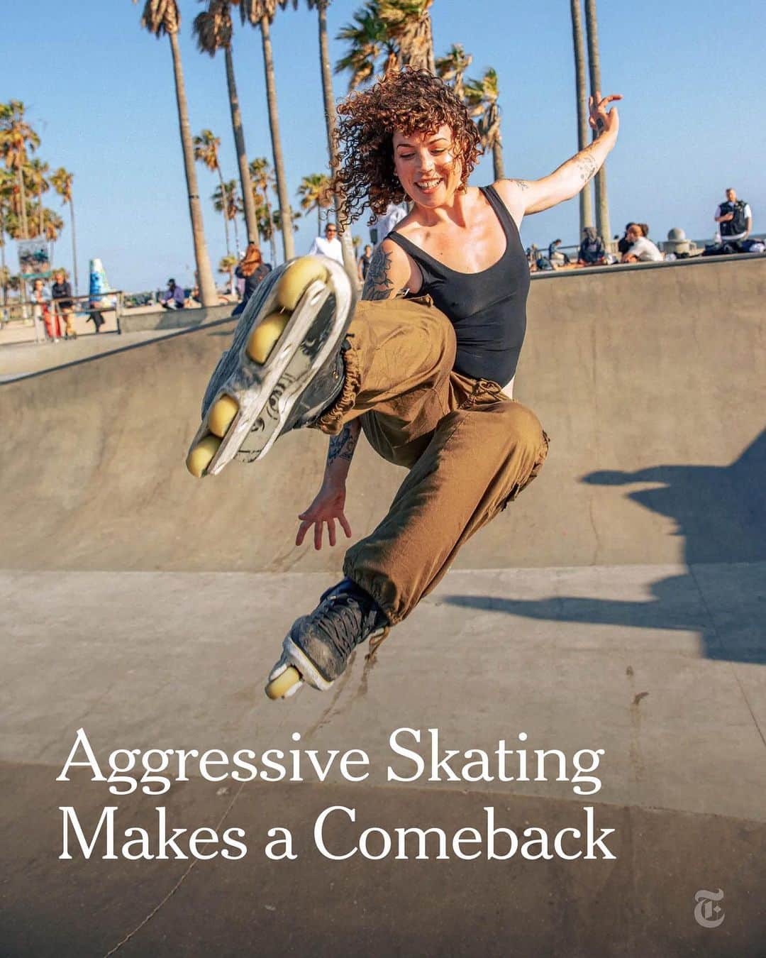 のインスタグラム：「Aggressive skating emerged in the 1990s as a flashier, niche style of roller skating. Like other ’90s trends, it is making a comeback. Also called freestyle skating, aggressive skating is a high-adrenaline alternative to leisure skating. In its heyday, the sport was written about in magazines and newspapers and became a main event at competitions like the X Games. “Ever since I’ve been involved in this industry, there’s been that feeling: It’s going to come back,” said Jon Julio, an aggressive skating star in the ’90s who won the National In-Line Skate Series championship in 1996. Julio started Them Skates in 2018, a skating brand in Santa Ana, California, that sells gear and sponsors aggressive skaters. According to Julio, interest in aggressive skating declined as skateboarding became more popular. The sports have an intertwined history, he said, that has not been without tension between skaters and skateboarders. “I used to get spit on,” Julio said. “There were fights, for sure.” But lately, he said, skate parks have become more of a “melting pot.” “Through inclusivity, not exclusivity, over the last few years, I think skating has evolved,” Julio said. Read more about the resurgence of aggressive skating at the link in our bio. Photos by @ben_pier」