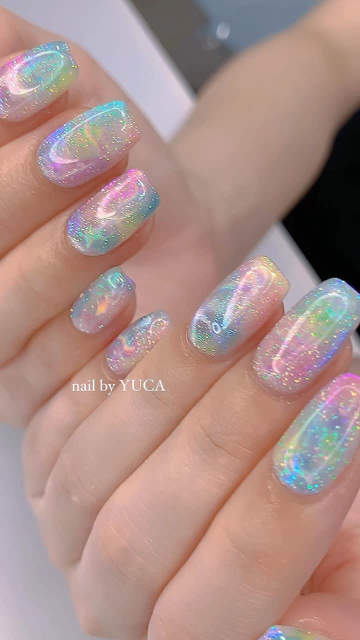 のインスタグラム：「URUURU🫧 ⁡ ⁡ ⁡ #うるうるネイル #nail #ネイル #オーロラネイル #クリアネイル #clearnails #젤네일 #네일 #네일아트 #auroranails #tettynail #유카네일 #우루우루네일 #uruurunail #美甲 #yucanail」