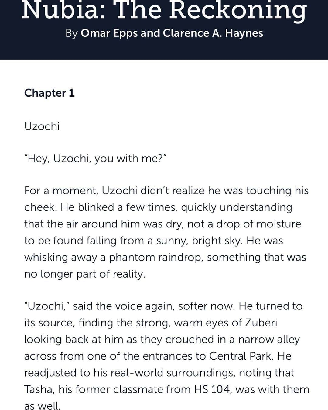 オマー・エップスのインスタグラム：「With 3 months to go until pub date of Nubia: The Reckoning, by @omarepps and yours truly, here’s a sneak peek of Chapter 1. Our main character Uzochi, making moves, with Zuberi and Tasha having his back. Preorders available, links in bio.   Special shout out to phenom publisher @getunderlined」