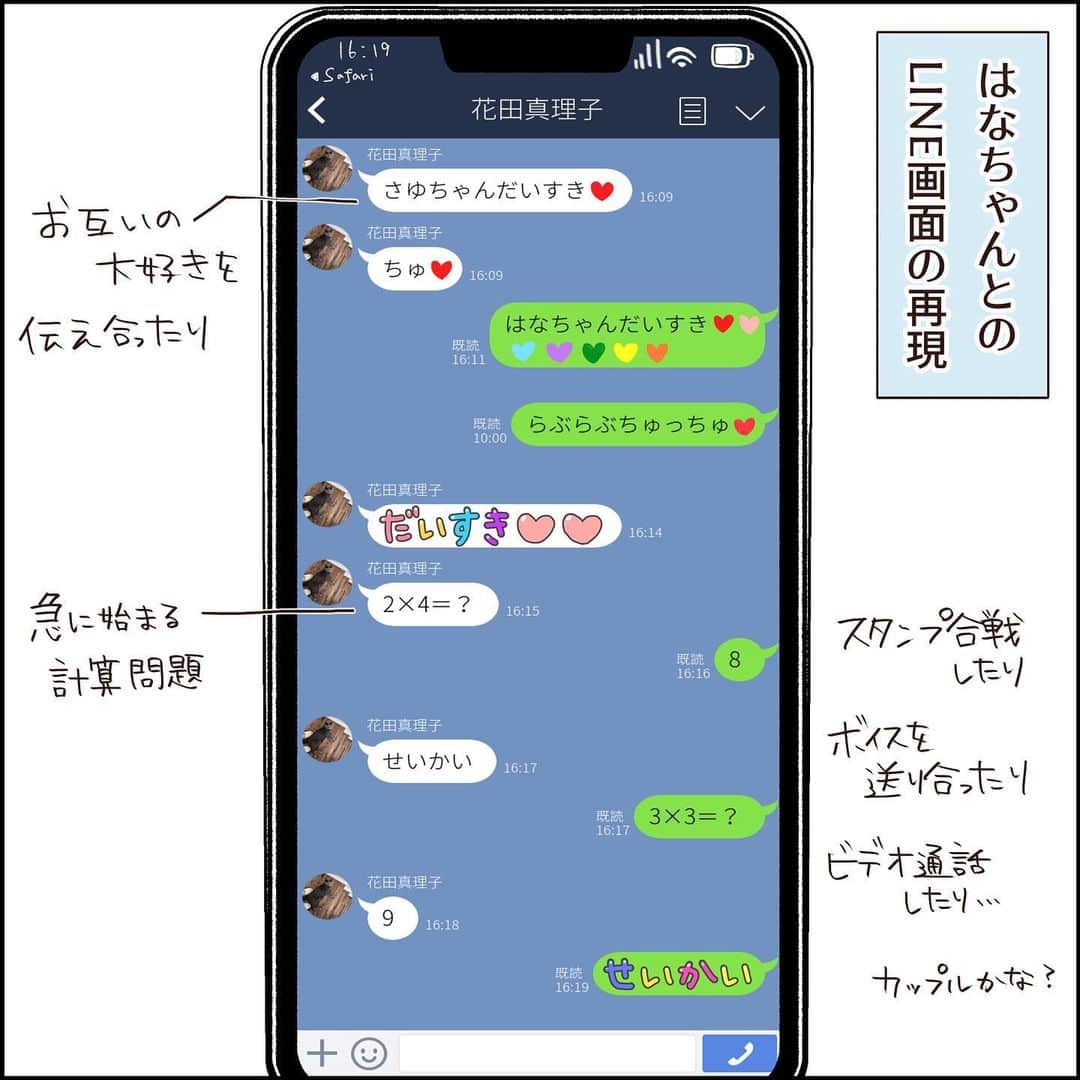 こじめさんのインスタグラム写真 - (こじめInstagram)「【LINE】  ほんとにもー、おはようからおやすみまでお互いに送り合ってます。 最近はボイスメッセージと動画も駆使しだしたので、もうカオスです。 私とはなちゃんママとのやり取りを見つけるのが困難なくらい笑  もちろんずっとやりっぱなしではないし、そばにいて内容の確認はしてますが カップルかよ〜というやり取りしてたかと思えば急に計算問題が始まったりして笑います😂  *-。-*-。-*-。-*-。-*-。-*-。-*  はなちゃんは、以前の投稿でBちゃんと書いていた子です。 なんか味気ないなーと思って名前をつけてみました( ´▽｀) 毎週末遊んでいる大親友です✨   #漫画  #エッセイ #comic #育児漫画 #育児絵日記 #エッセイ漫画 #コミックエッセイ #子育て絵日記 #2年生  #育児エッセイ」6月27日 20時06分 - cojime