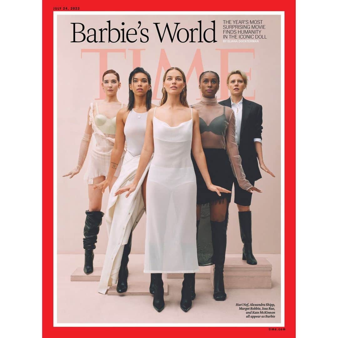 TIME Magazineのインスタグラム：「Life in plastic, it's fantastic!  All the Barbie girls — Margot Robbie, Issa Rae, Kate McKinnon, Hari Nef, Alexandra Shipp, plus director Greta Gerwig — take us inside the most anticipated movie of the summer.  Take a trip to Barbie Land at the link in bio.  Photograph by Carlota Guerrero (@carlota_guerrero) for TIME」