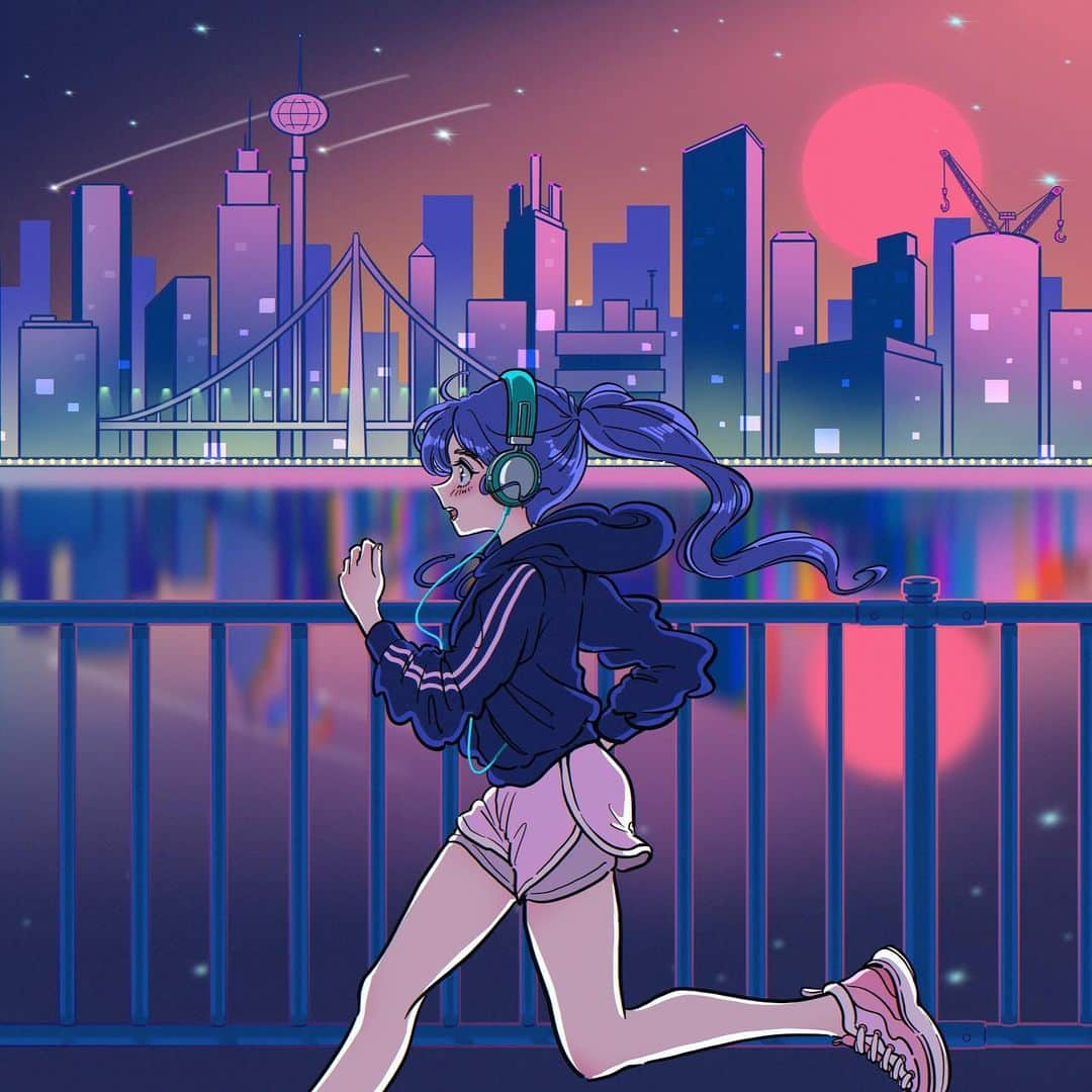 佐藤なつみのインスタグラム：「いつもの夜とあの人  ・－・－・－・－・－・－・－・－・－・  peloringirl 2023個展での 描き下ろし展示作品です✨ キャンバスと画面で見るのとはまた違うので 楽しみにしていて下さい🌃  宮城に引っ越してきて、 近所をランニングしていて思い付いた絵です🏃‍♀️ 男の子のイラストと繋がるデザインにしています🌙  ■福岡:2023.7.6(thu) - 7.20(thu) CARBON COFFEE 〒810-0041 福岡県福岡市中央区大名 １丁目２−３４ロイヤルビル 9:00-19:00(l.o 18:30)  💙在廊日 : 7/8(sut)、7/9(sun)💙  【 大阪 】coming soon…  #エモい #illustration #illustrator #art #90s  #イラスト#オリジナル #citypop #女の子イラスト #ガールズイラスト #古着男子 #古着女子 #古着コーデ #古着 #イラストレーター #ストリートファッション#カップルイラスト」