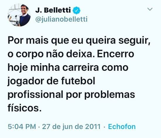 ジュリアーノ・ベレッチのインスタグラム：「⚽️ 12 anos.  Foi a persistência, a disciplina e a cultura de esforço que me fizeram vencedor.  26 títulos conquistados. E mais derrotas do que vitórias.  O futebol mostrou pra mim mesmo o melhor e o pior de mim.  O futebol me proporcionou conhecer o mundo.  O futebol me tirou do carinho da minha família aos 15 anos de idade.  O futebol me ajudou a realizar os meus sonhos.  O futebol me trouxe muitos pesadelos.  O futebol me deu as maiores alegrias da vida.  O futebol me machucou.  O futebol me fez levar alegria para as pessoas.  O futebol me trouxe esperança.  O futebol é assim, imprevisível, indefinível, incerto, emotivo, apaixonante.  O futebol é uma montanha de incertezas angustiantes e sentimentos aleatorios.  Futebol é vida. “É preciso saber viver.”  (primeiro jogo: CRUZEIRO 1 x 1 Bragantino no dia 06/11/1994. Última vez que entrei em campo: Internacional 1 x 1 FLUMINENSE no dia 03/11/2010)  #belletti #futebol #jogador #atleta #esporte #conquitas」